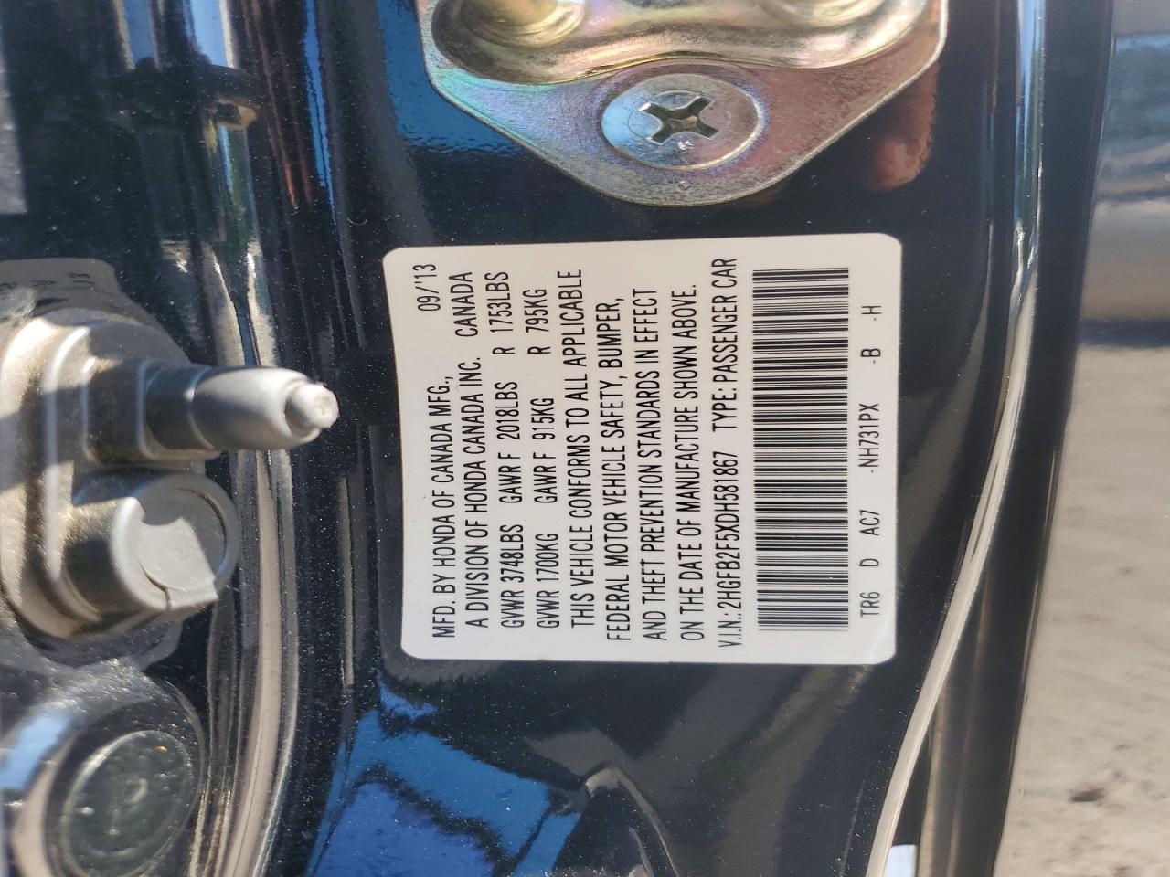 2013 Honda Civic Lx Black vin: 2HGFB2F5XDH581867