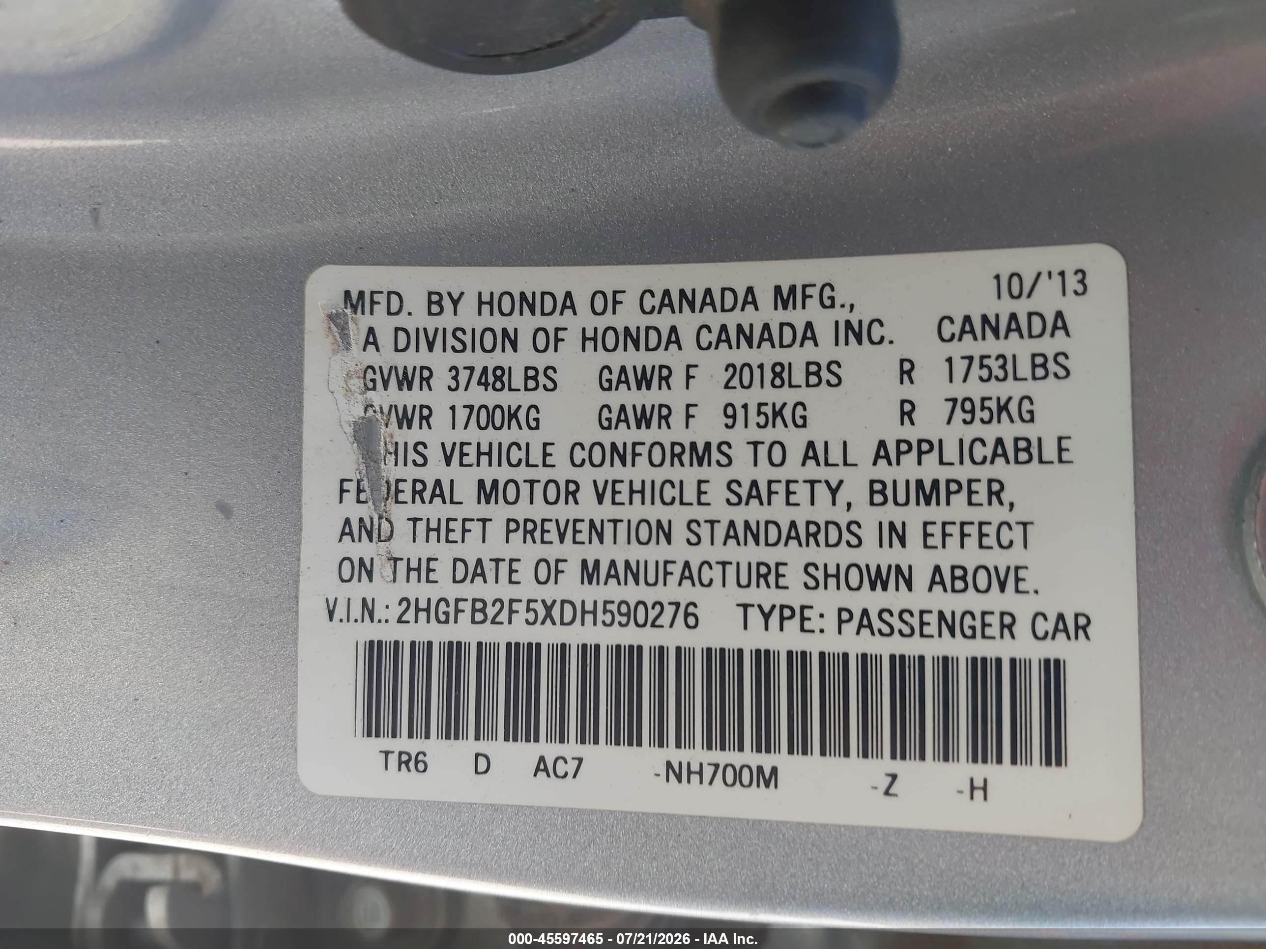 2013 Honda Civic Lx Silver vin: 2HGFB2F5XDH590276