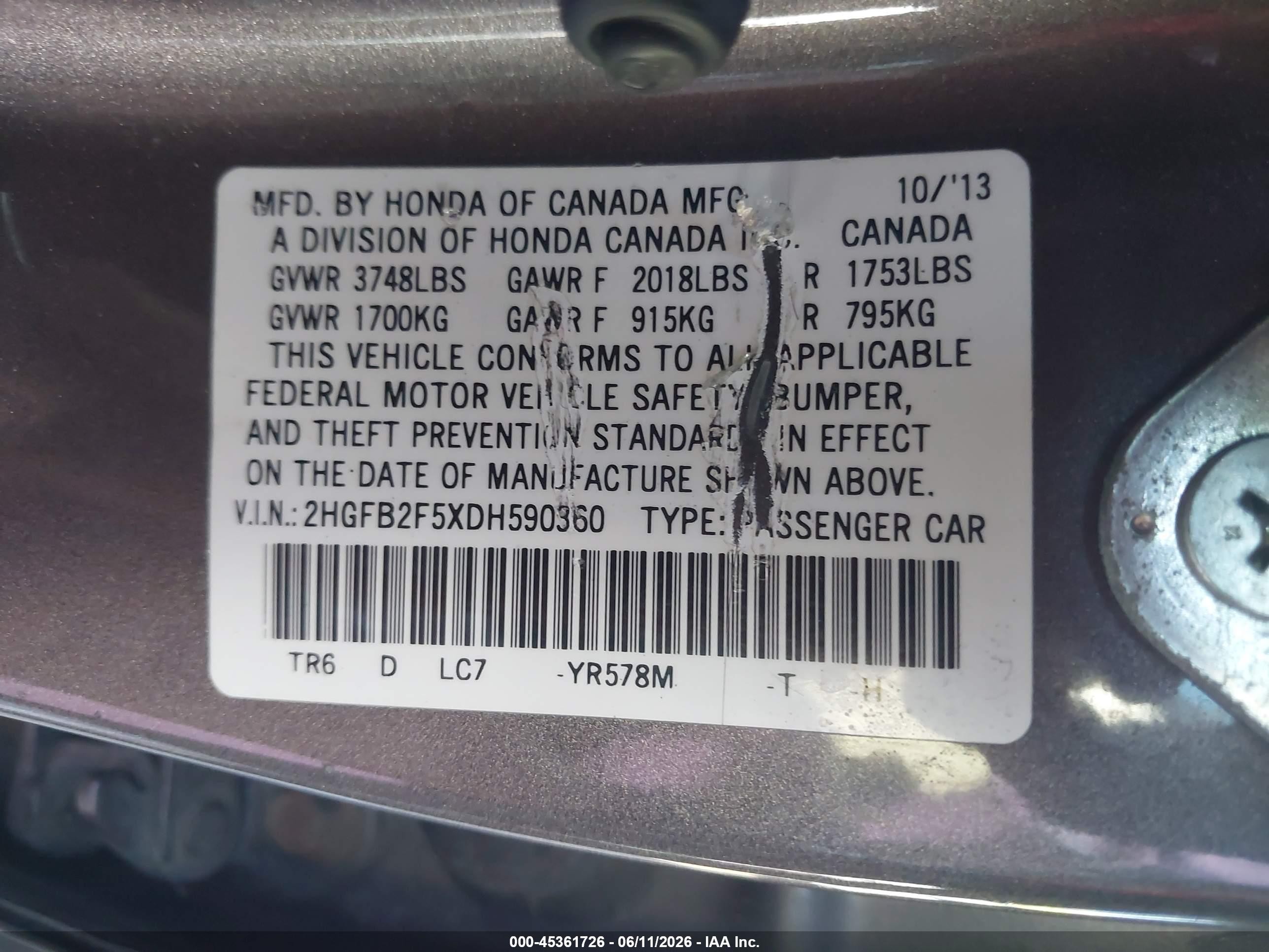 2013 Honda Civic Lx Gray vin: 2HGFB2F5XDH590360