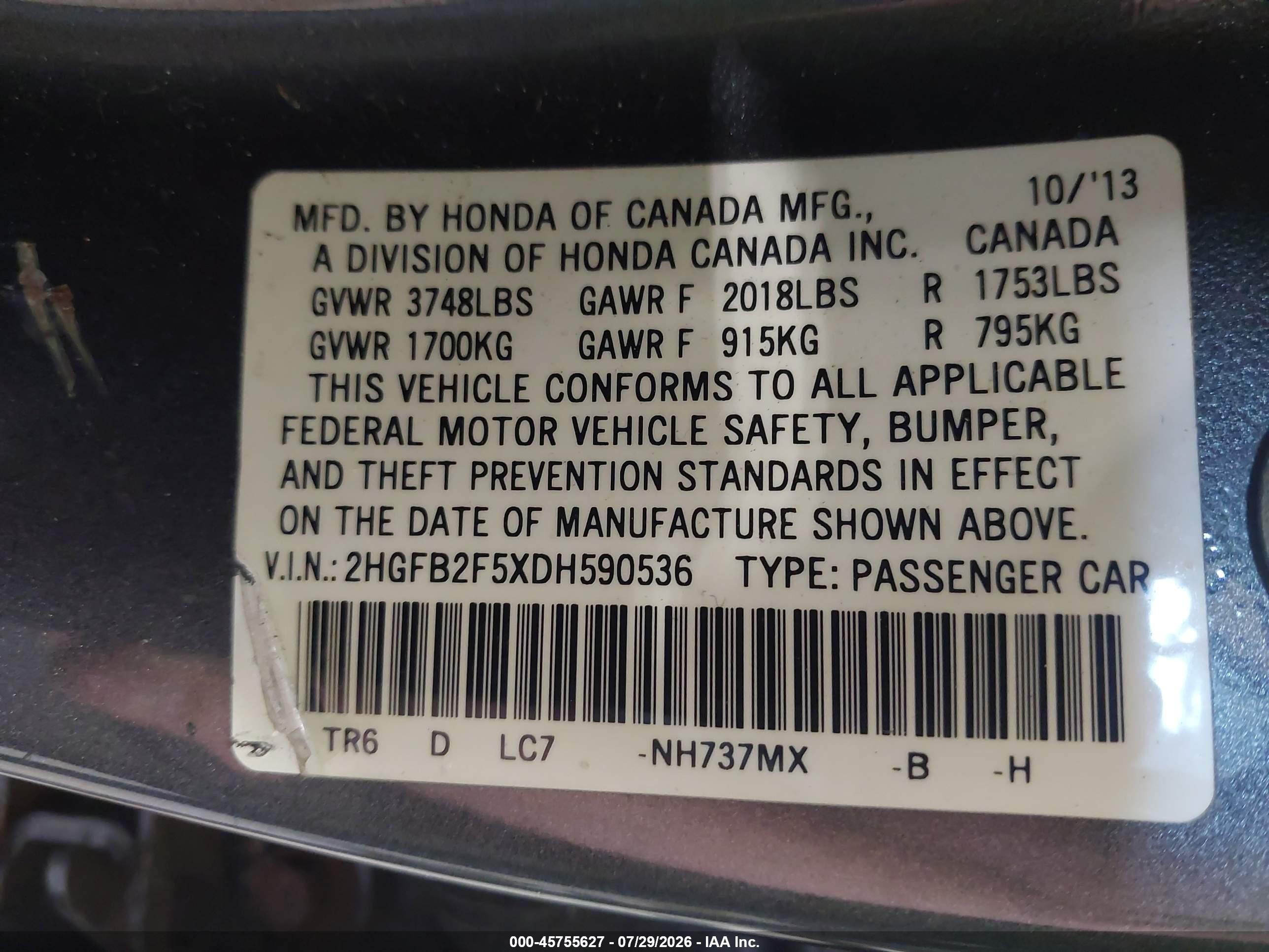 2013 Honda Civic Lx Gray vin: 2HGFB2F5XDH590536