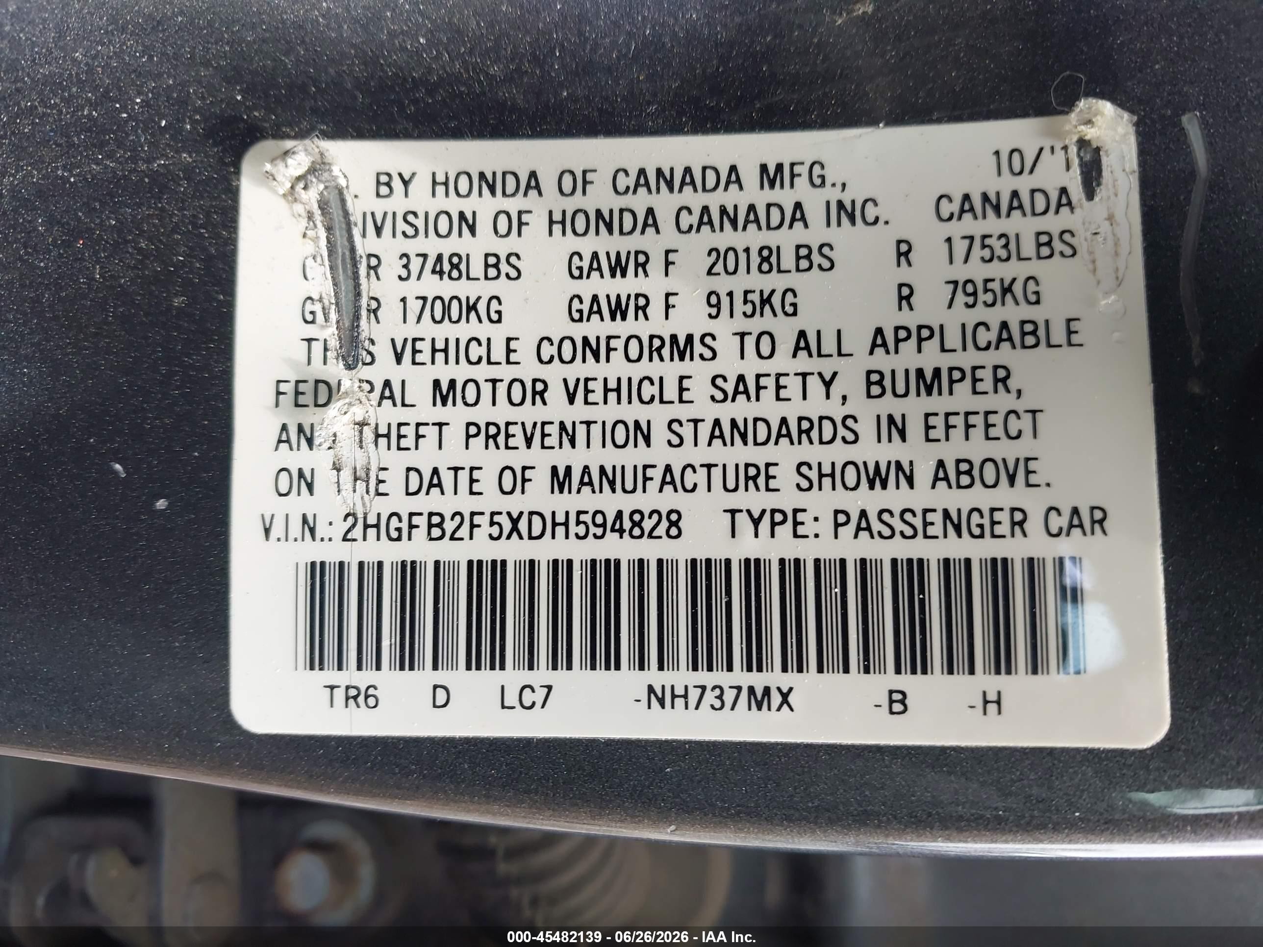2013 Honda Civic Lx Gray vin: 2HGFB2F5XDH594828
