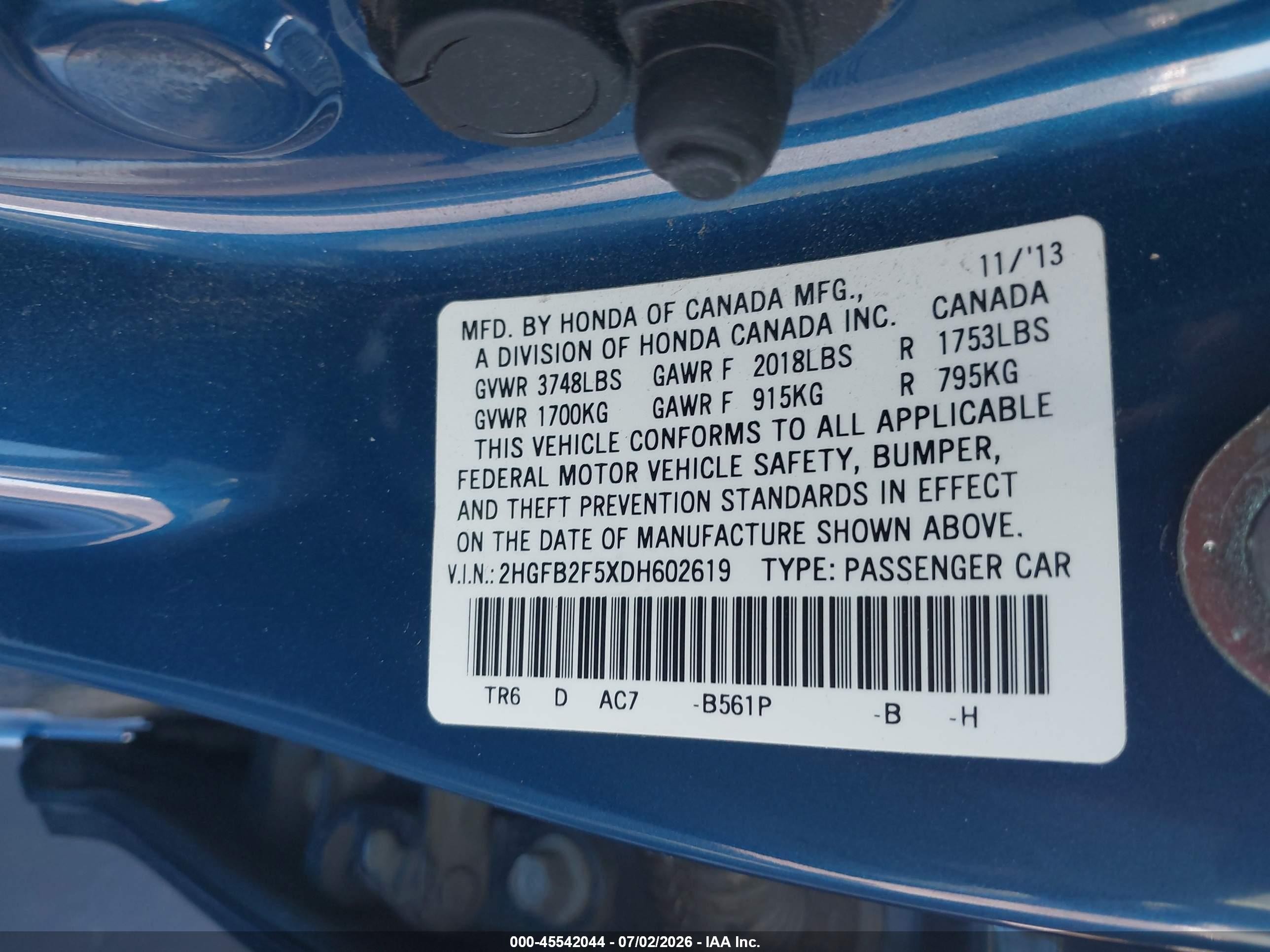 2013 Honda Civic Lx Blue vin: 2HGFB2F5XDH602619
