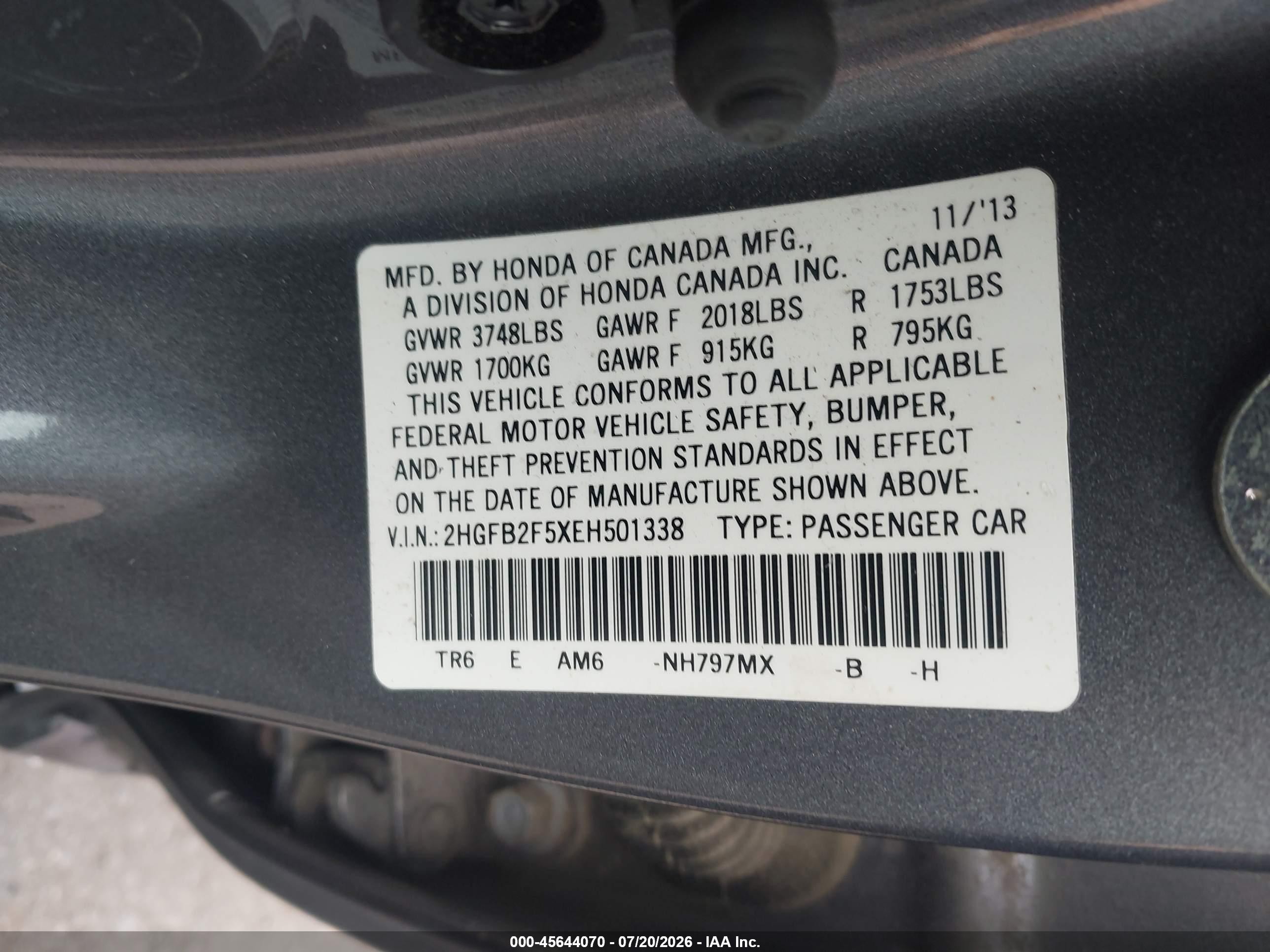 2014 Honda Civic Lx Gray vin: 2HGFB2F5XEH501338