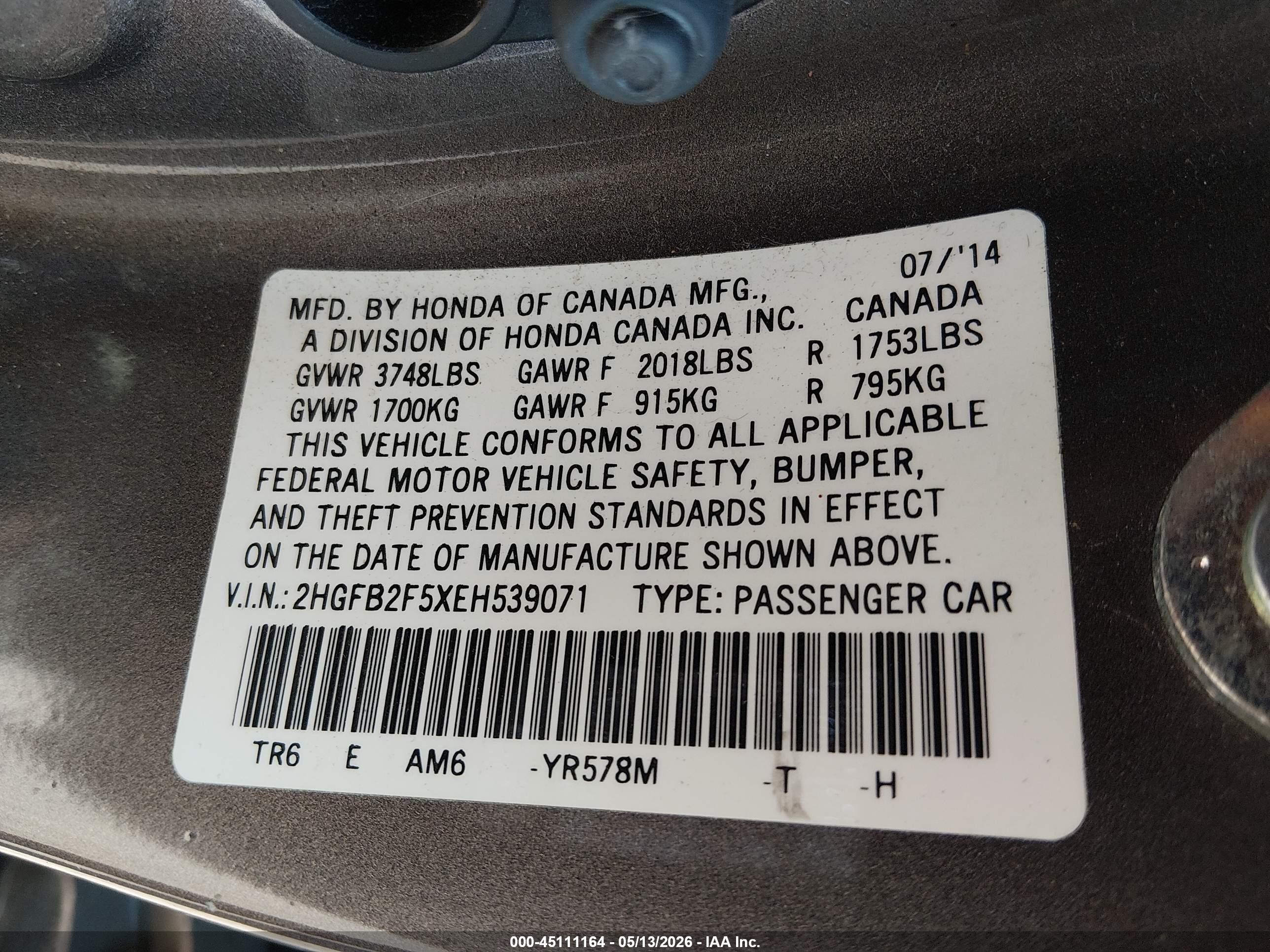 2014 Honda Civic Lx Champagne vin: 2HGFB2F5XEH539071