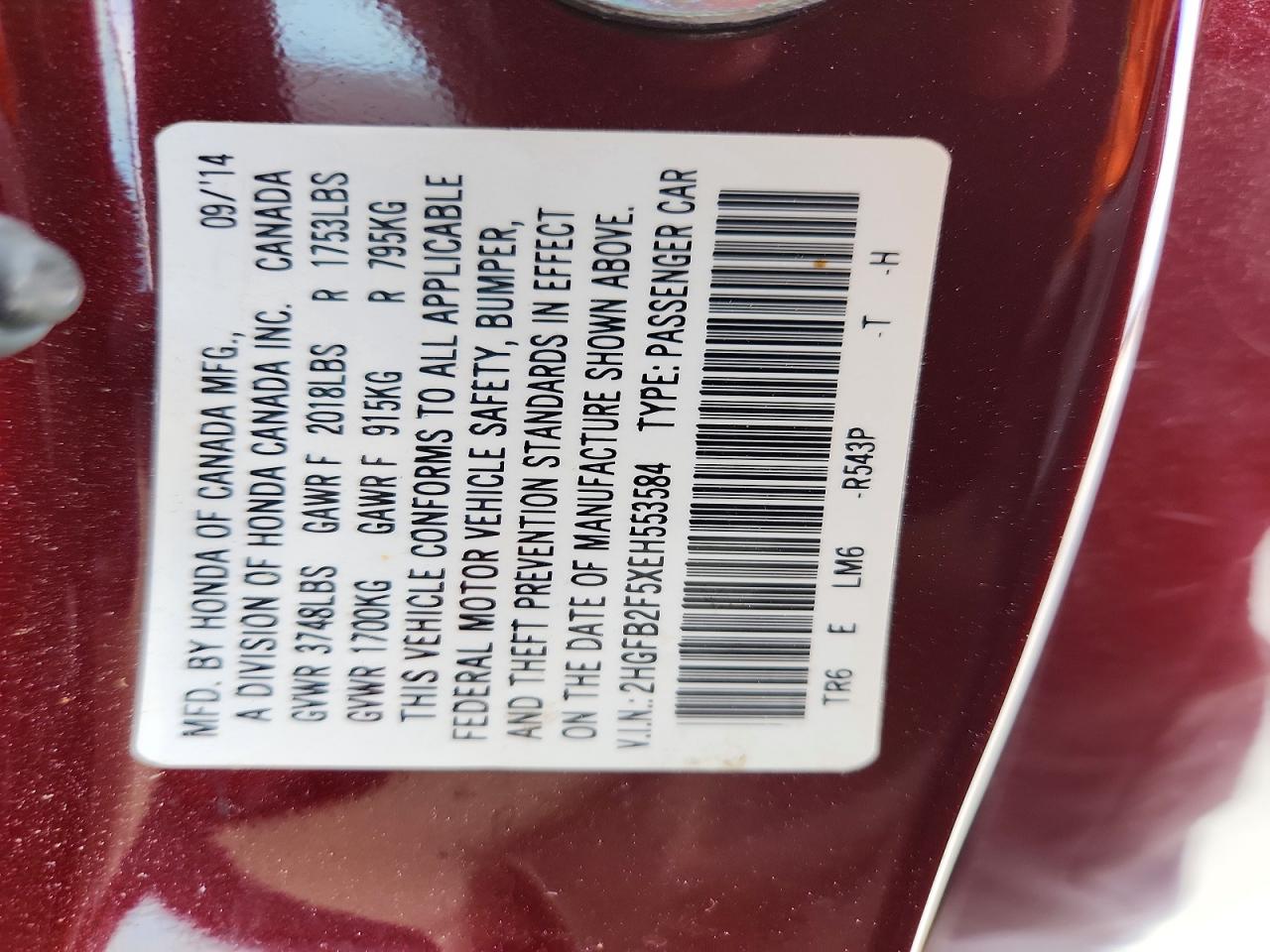 2014 Honda Civic Lx Burgundy vin: 2HGFB2F5XEH553584