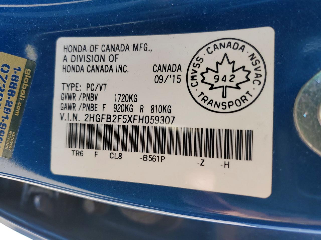 2015 Honda Civic Lx Blue vin: 2HGFB2F5XFH059307