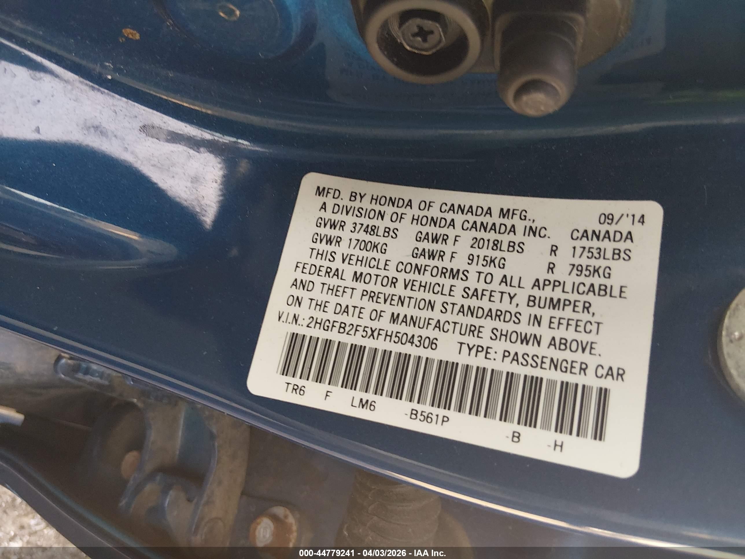 2015 Honda Civic Lx Blue vin: 2HGFB2F5XFH504306