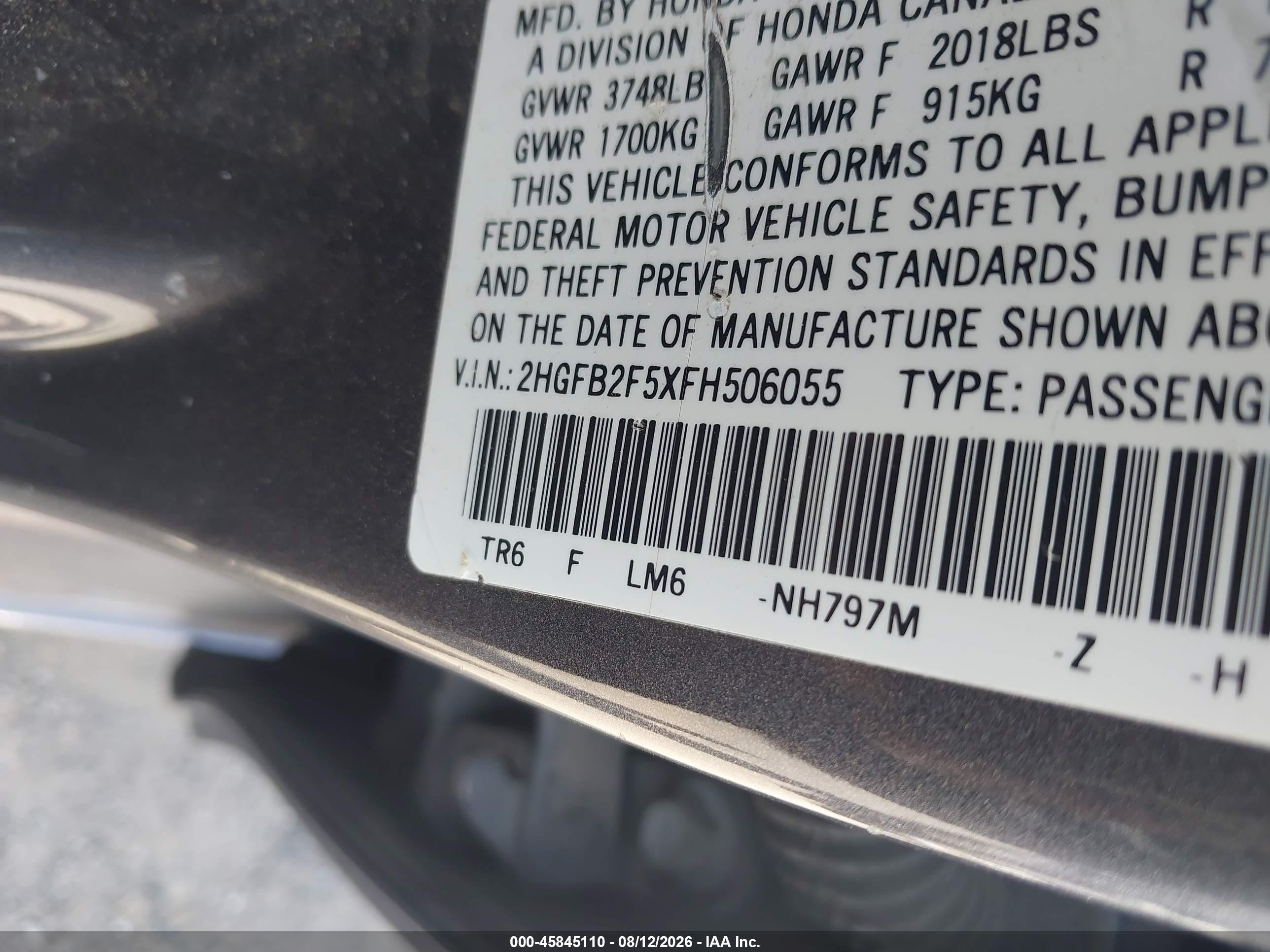 2015 Honda Civic Lx Серый vin: 2HGFB2F5XFH506055