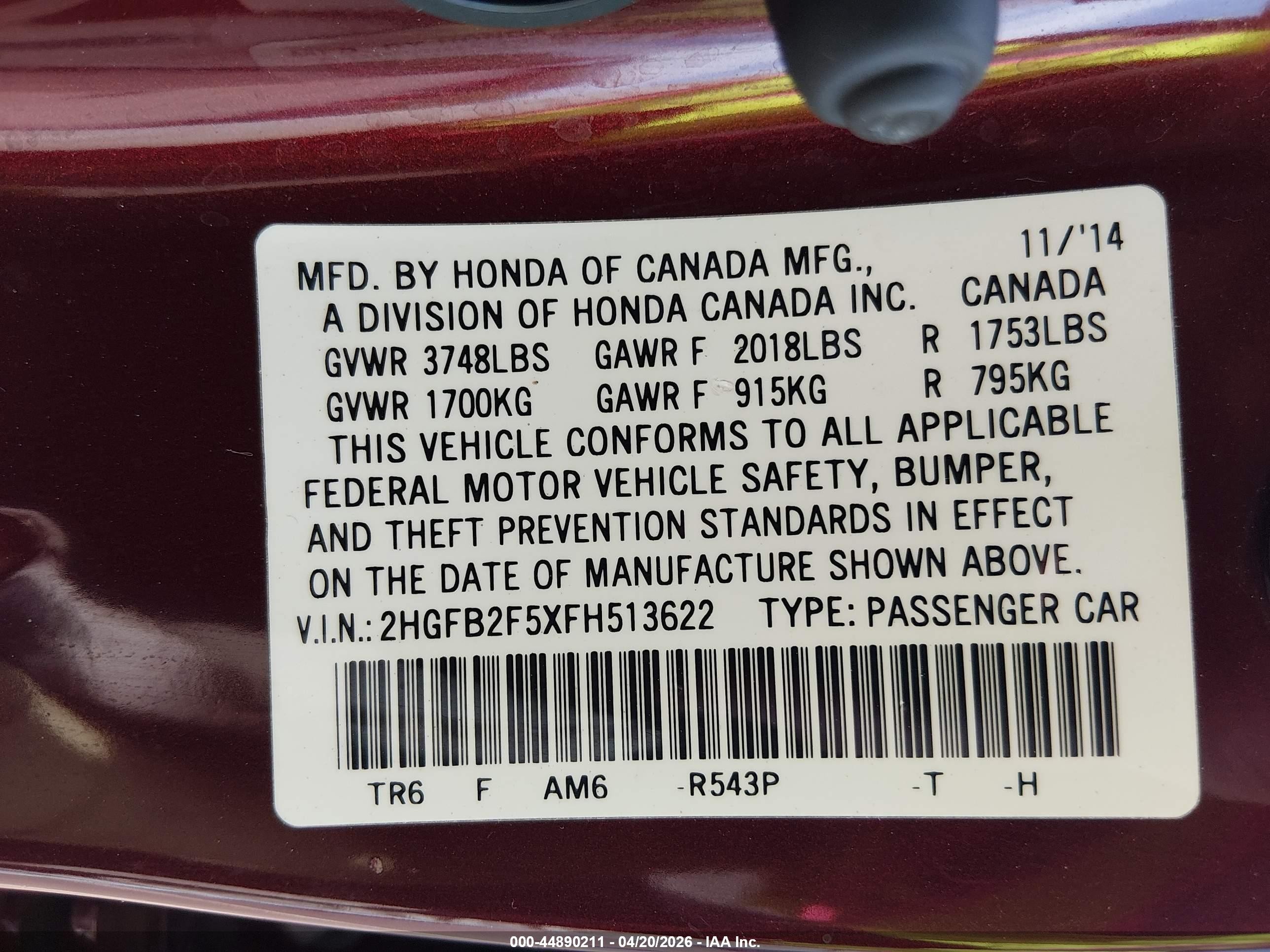 2015 Honda Civic Lx Red vin: 2HGFB2F5XFH513622