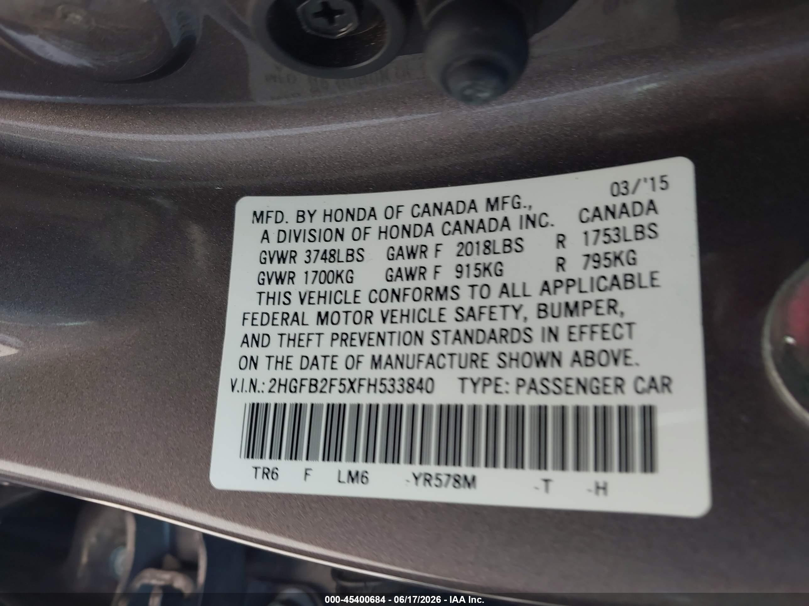 2015 Honda Civic Lx Gray vin: 2HGFB2F5XFH533840