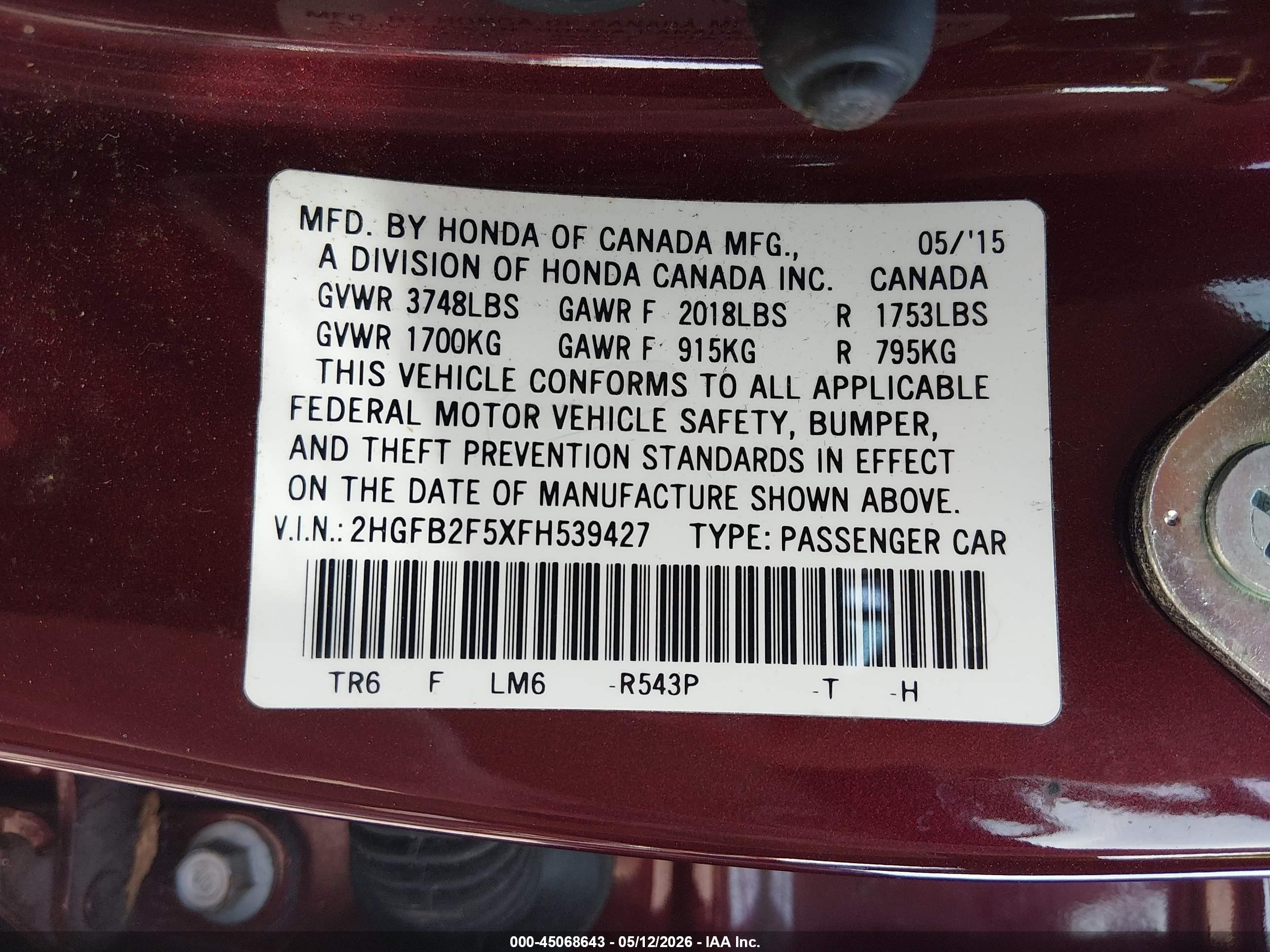 2015 Honda Civic Lx Red vin: 2HGFB2F5XFH539427