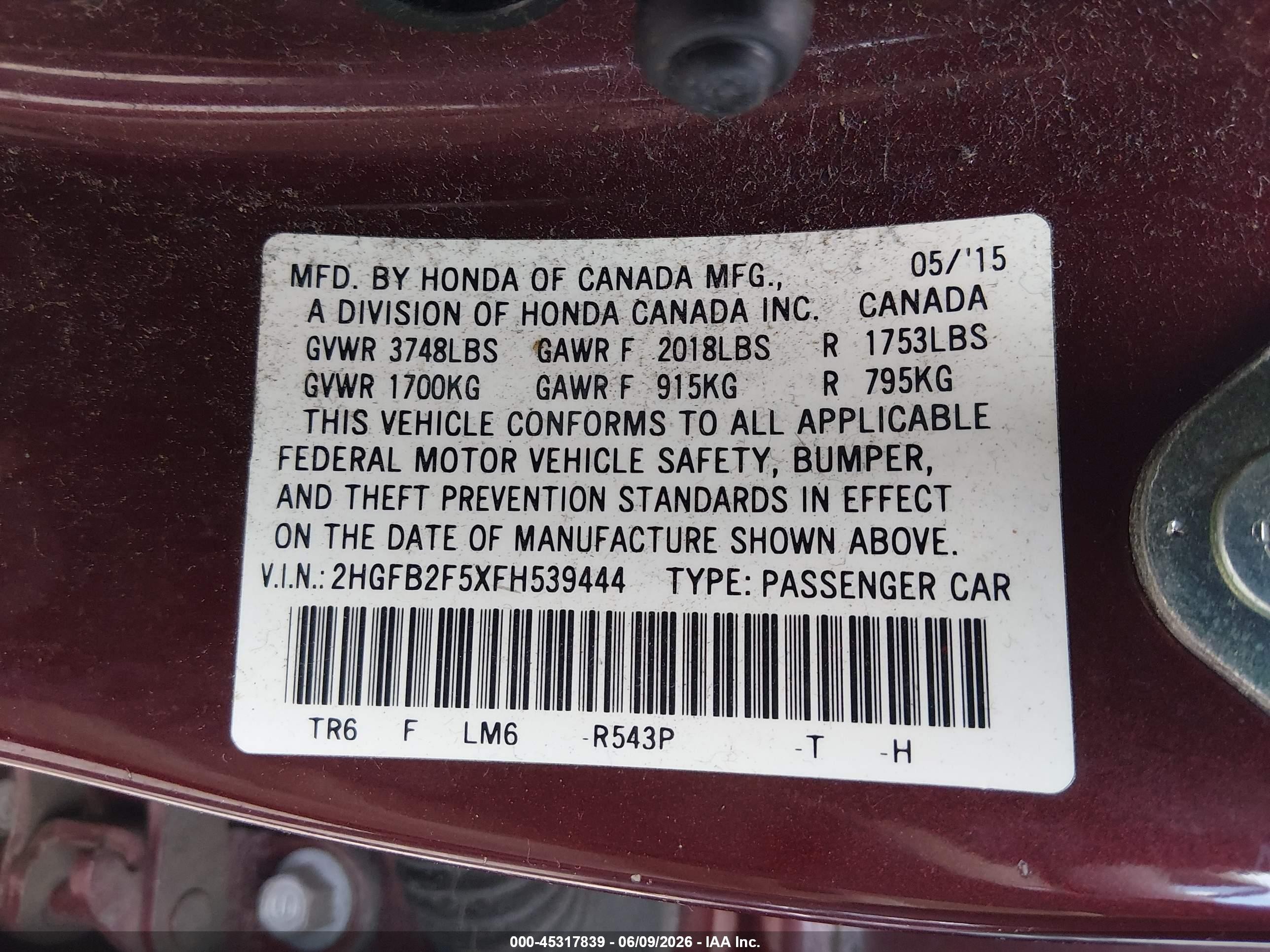 2015 Honda Civic Lx Red vin: 2HGFB2F5XFH539444