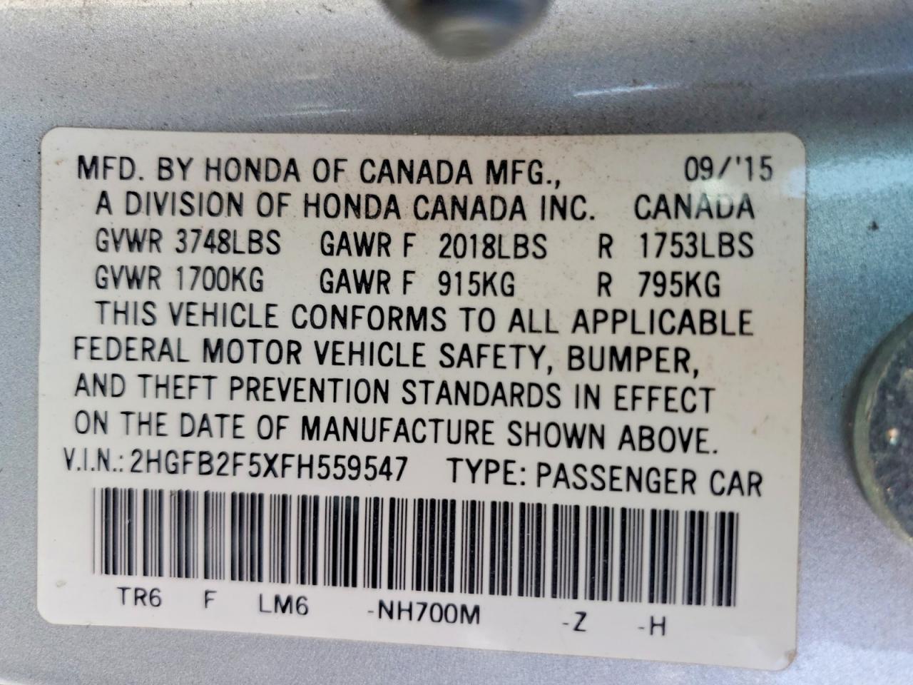 2015 Honda Civic Lx Silver vin: 2HGFB2F5XFH559547
