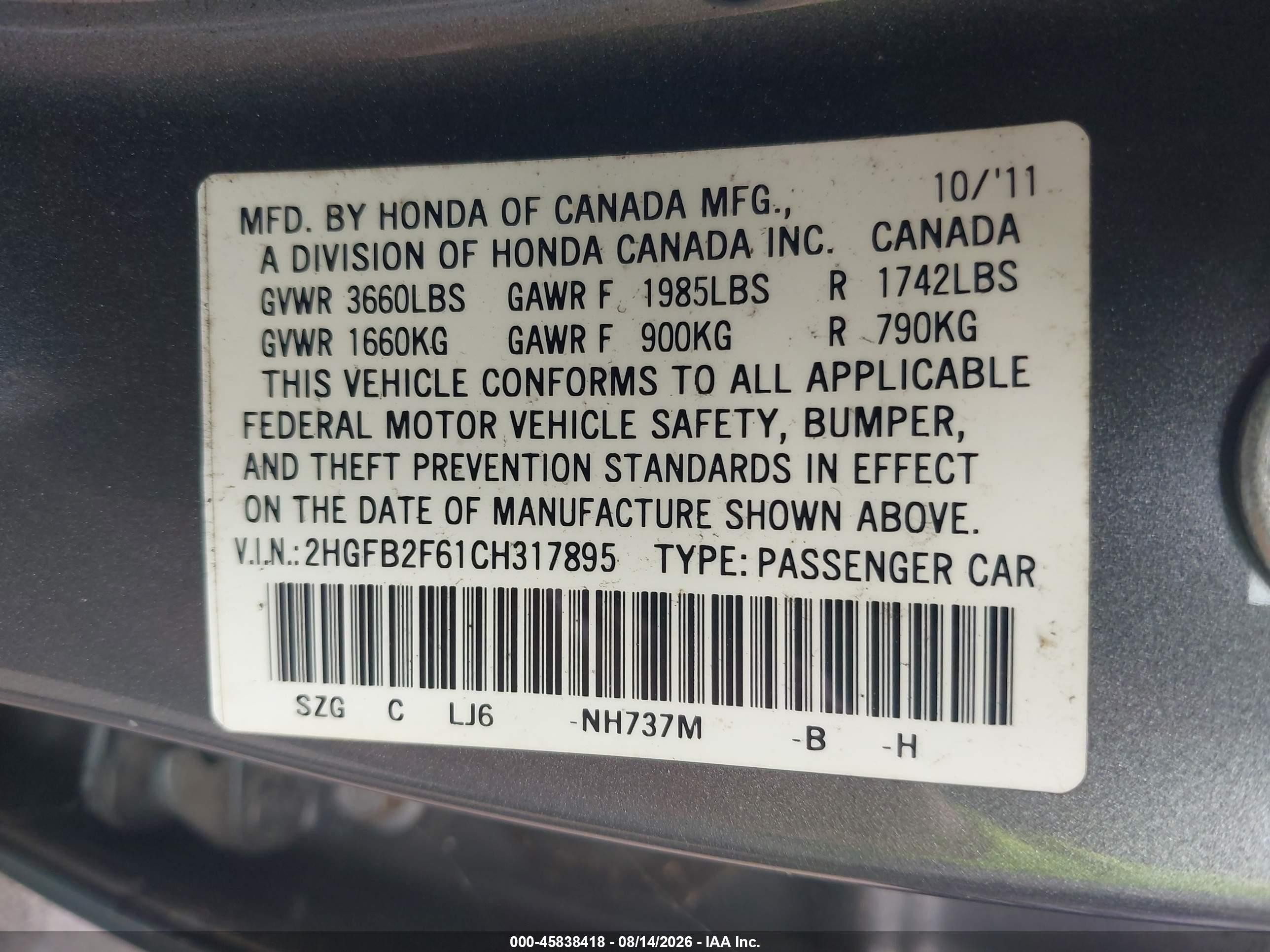 2012 Honda Civic Hf Gray vin: 2HGFB2F61CH317895