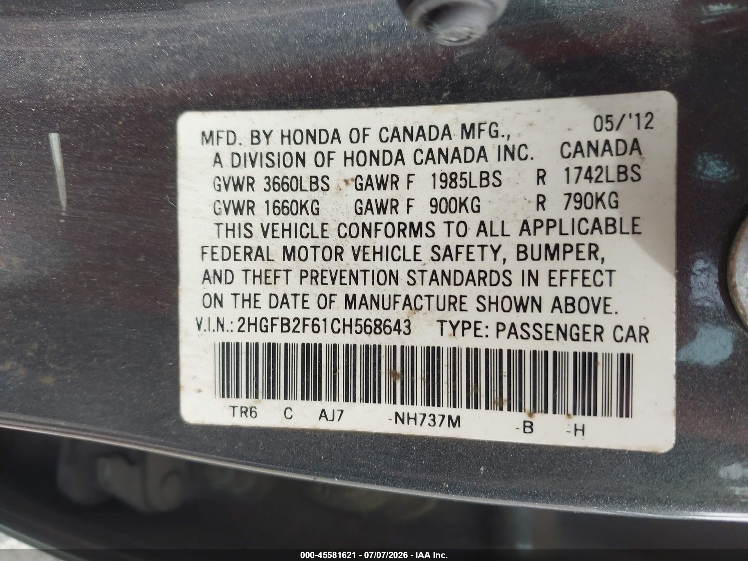 2012 Honda Civic Hf Gray vin: 2HGFB2F61CH568643