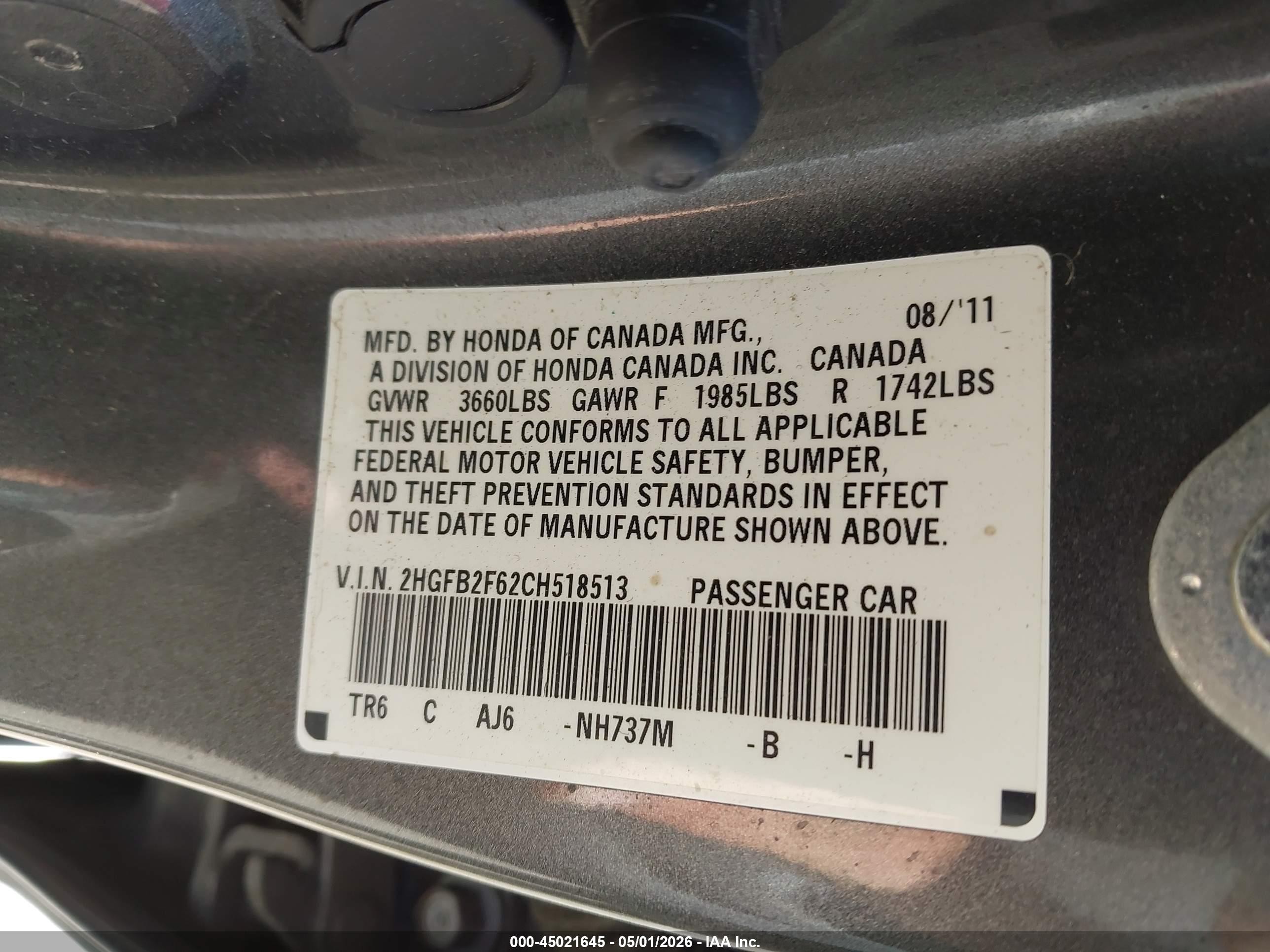 2012 Honda Civic Hf Gray vin: 2HGFB2F62CH518513