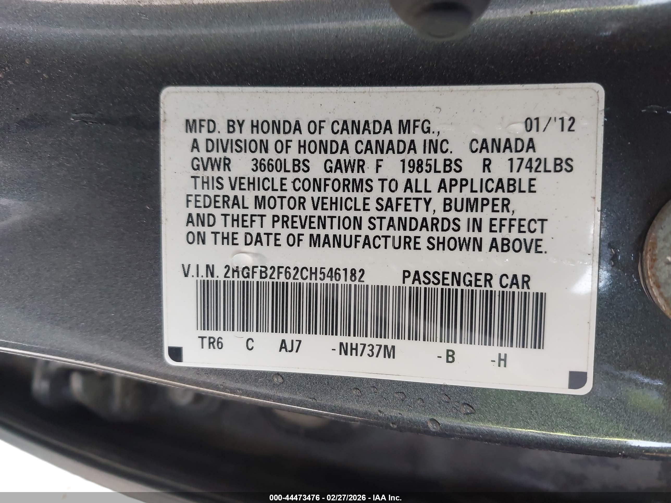 2012 Honda Civic Hf Серый vin: 2HGFB2F62CH546182