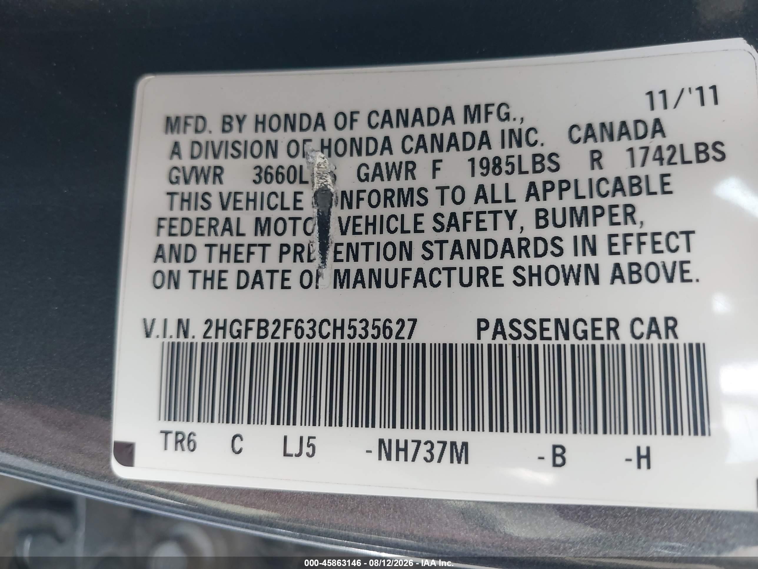 2012 Honda Civic Hf Gray vin: 2HGFB2F63CH535627