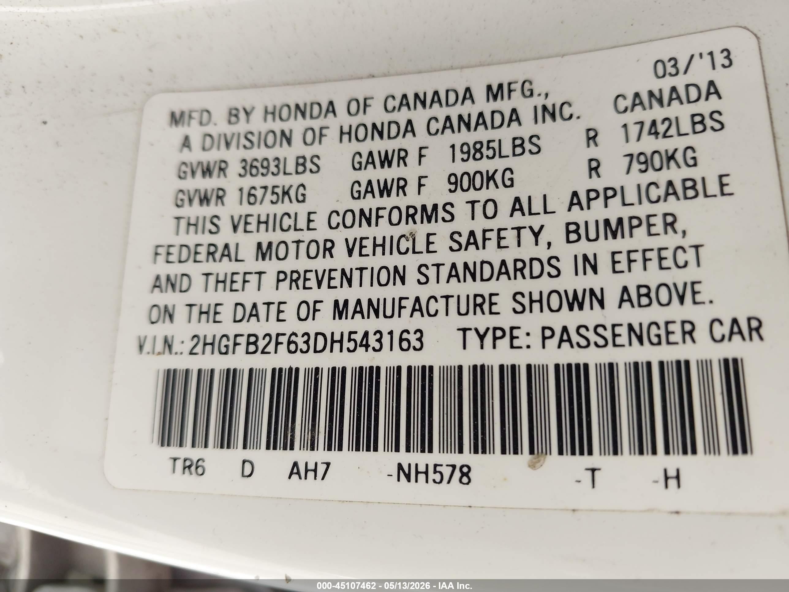 2013 Honda Civic Hf White vin: 2HGFB2F63DH543163