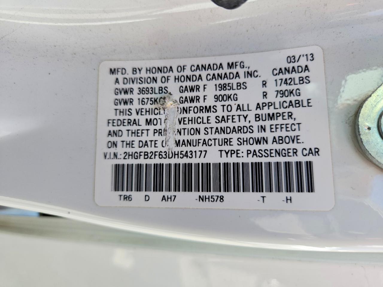 2013 Honda Civic Hf White vin: 2HGFB2F63DH543177