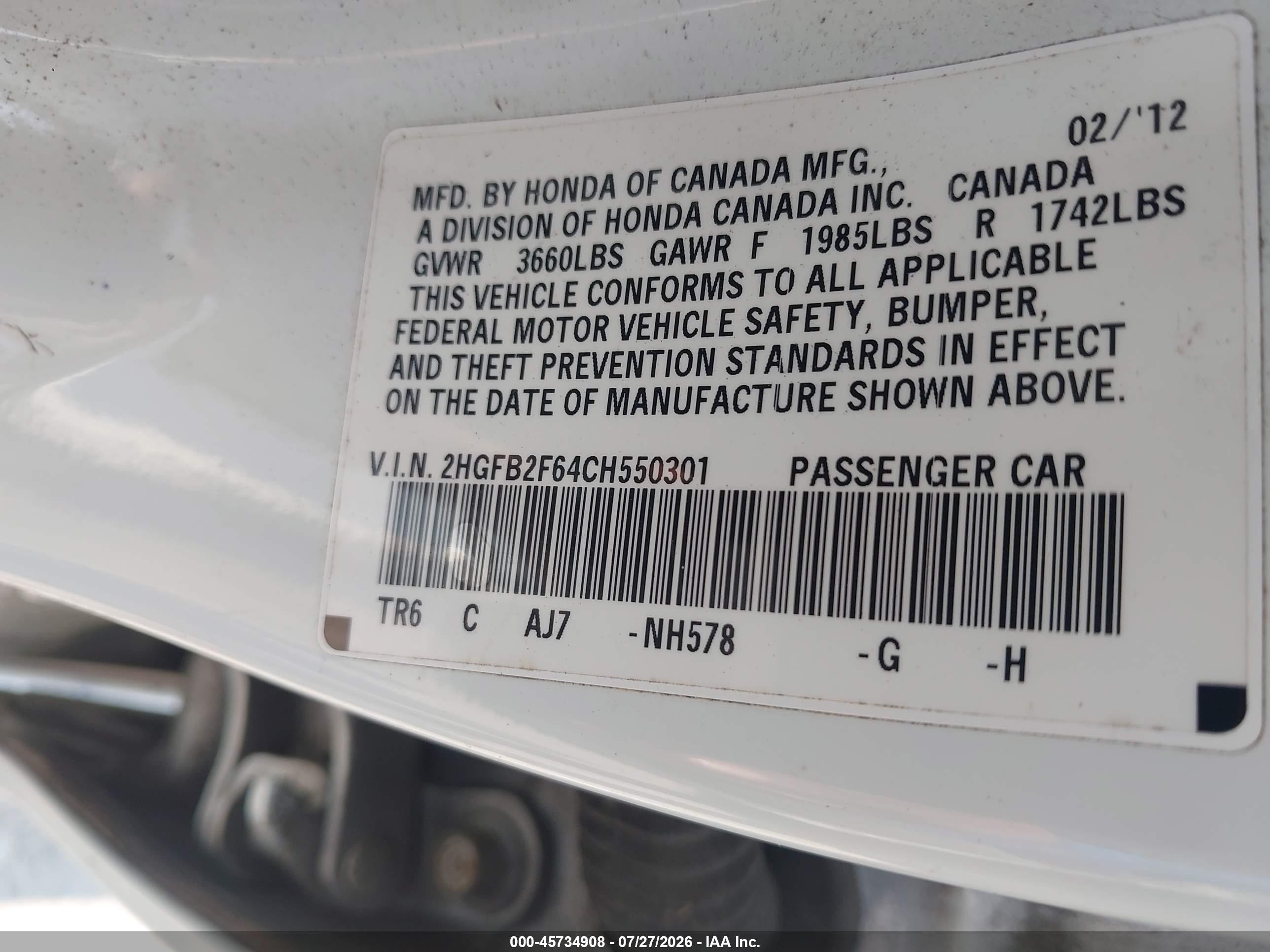 2012 Honda Civic Hf White vin: 2HGFB2F64CH550301