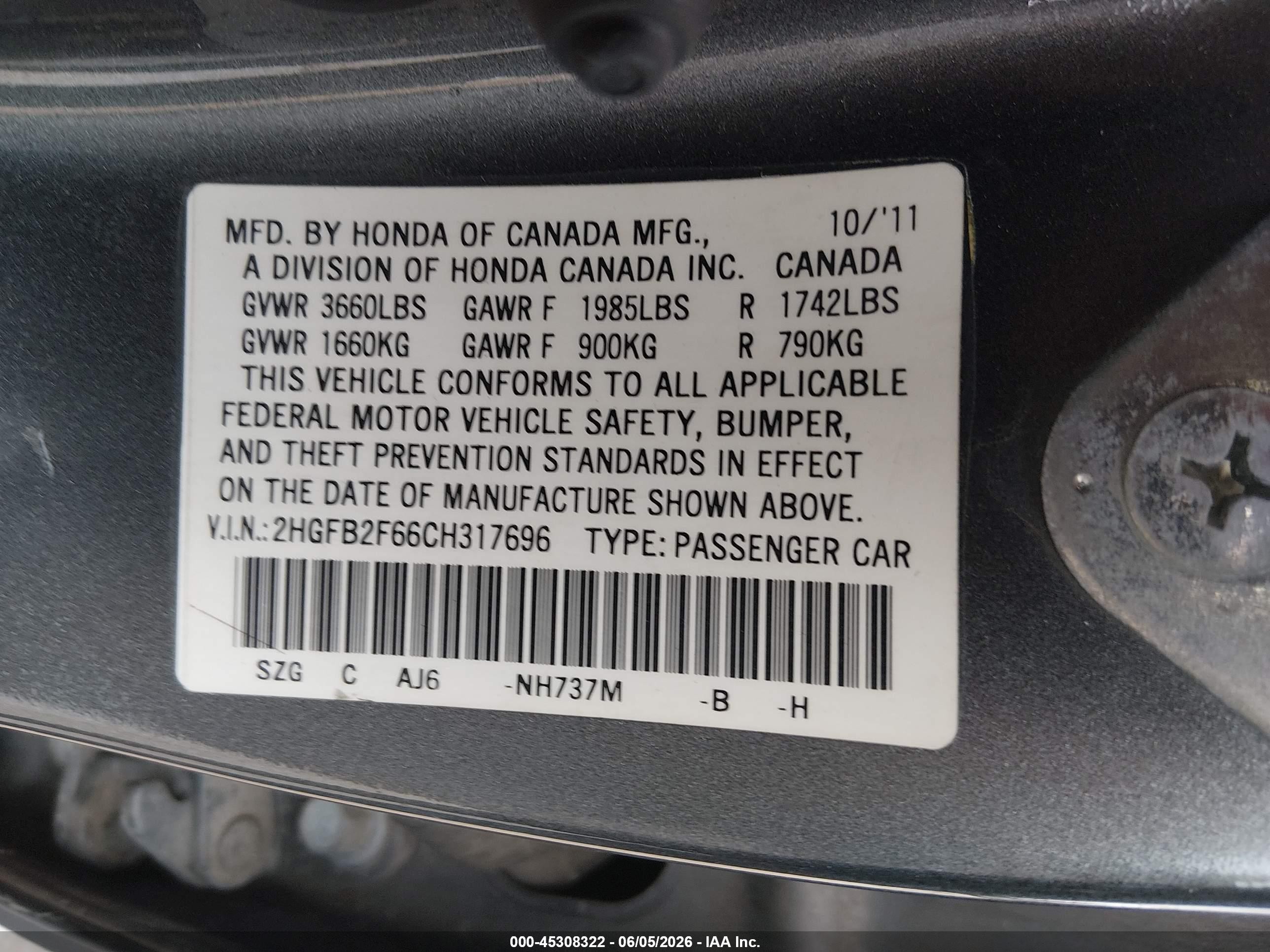 2012 Honda Civic Hf Серый vin: 2HGFB2F66CH317696