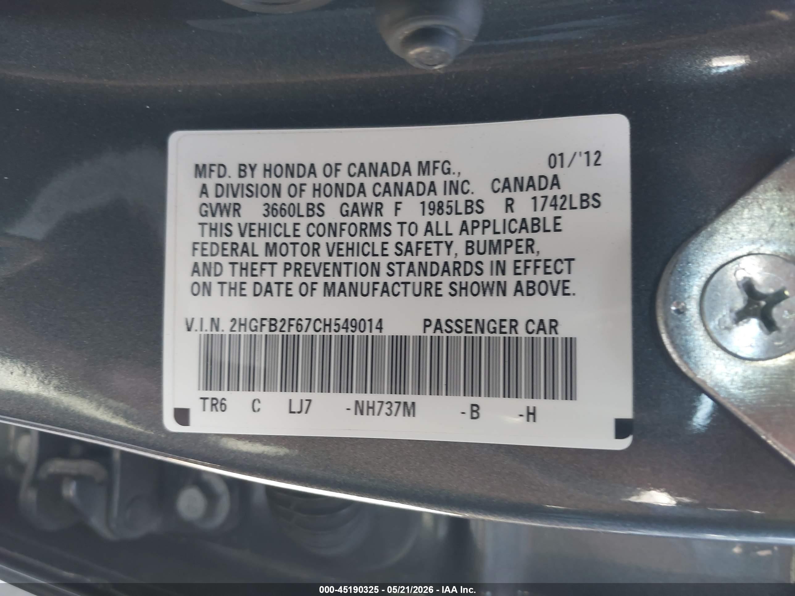 2012 Honda Civic Hf Gray vin: 2HGFB2F67CH549014