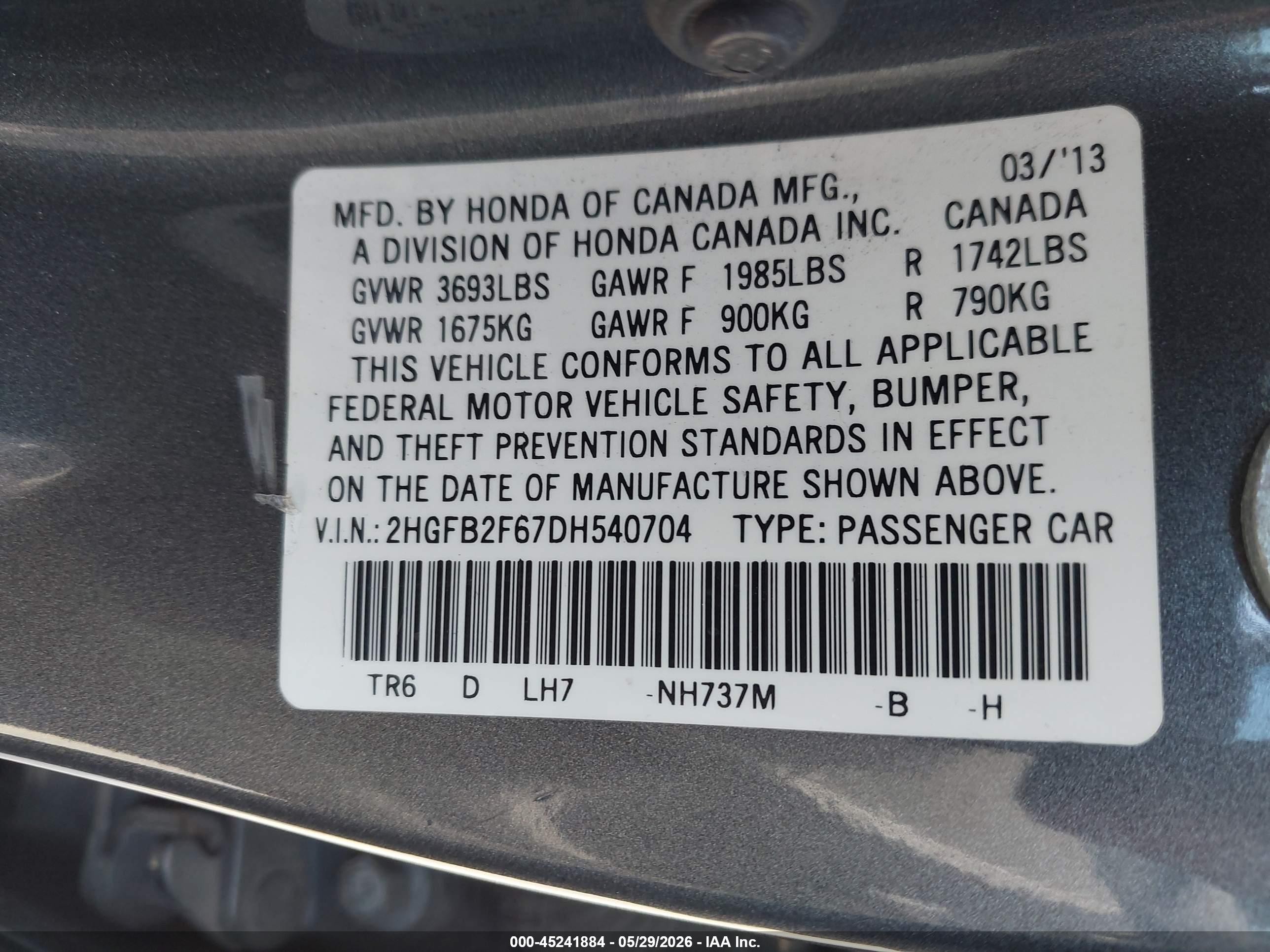 2013 Honda Civic Hf Gray vin: 2HGFB2F67DH540704