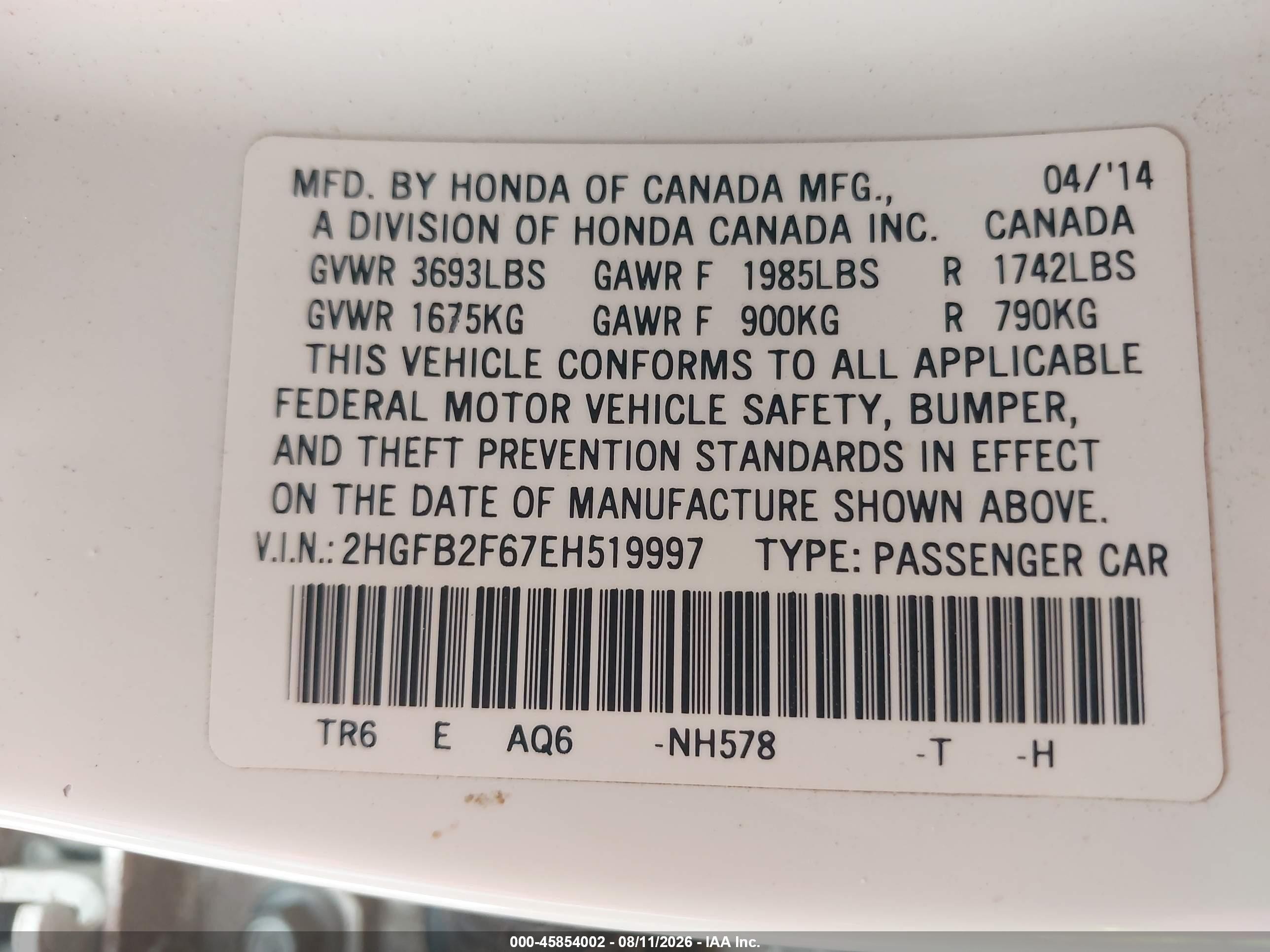 2014 Honda Civic Hf White vin: 2HGFB2F67EH519997