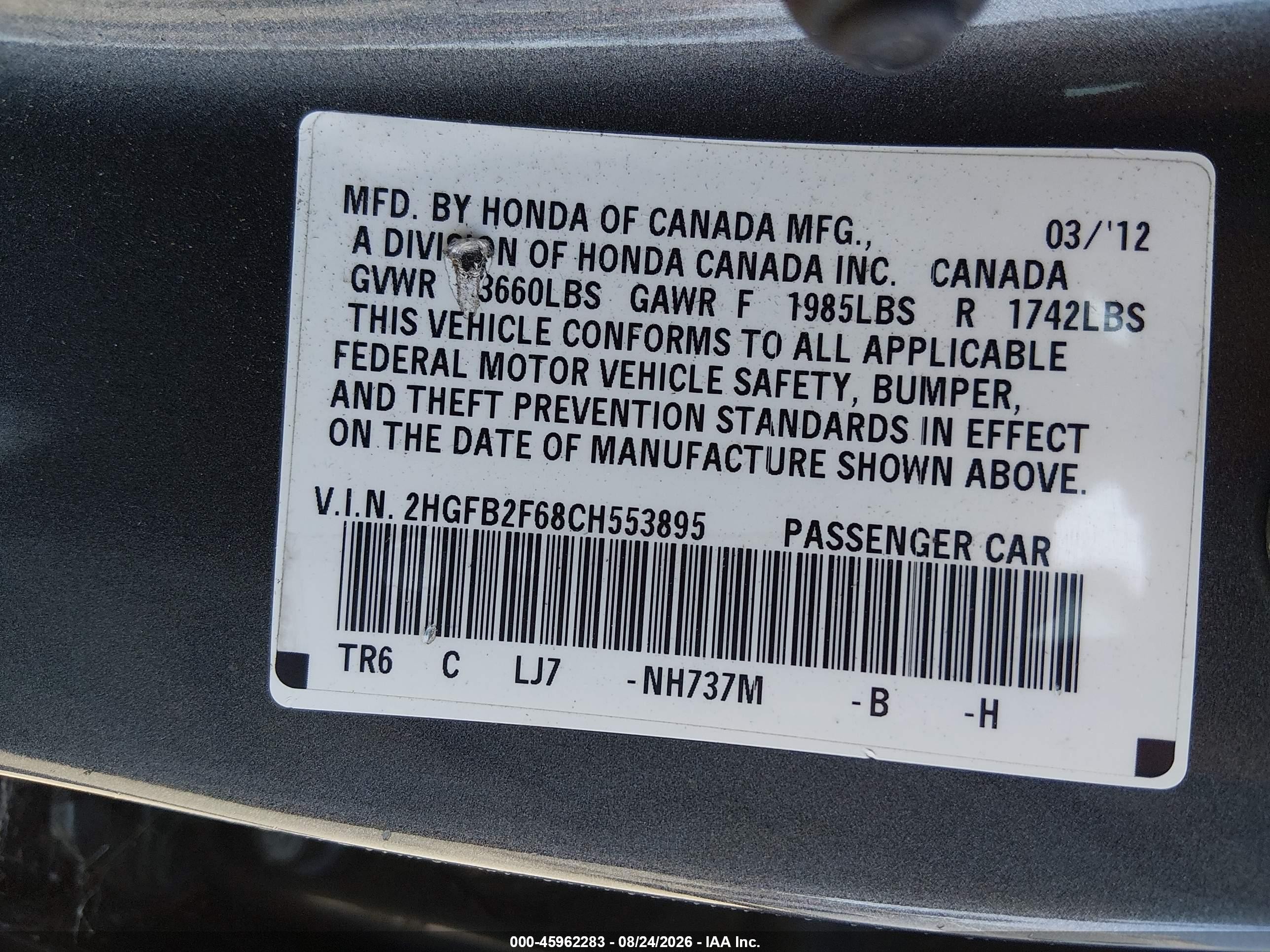 2012 Honda Civic Hf Gray vin: 2HGFB2F68CH553895