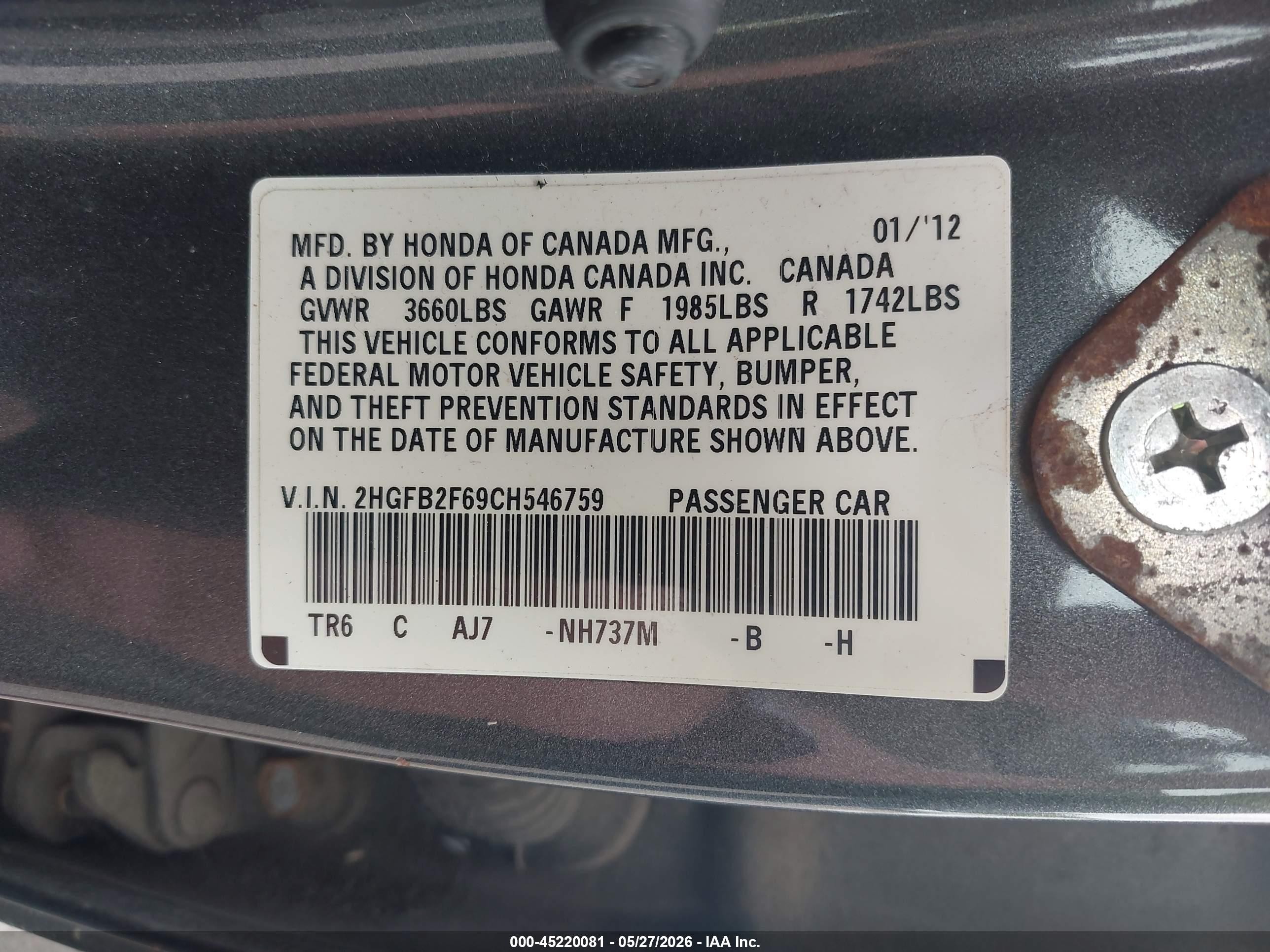 2012 Honda Civic Hf Gray vin: 2HGFB2F69CH546759