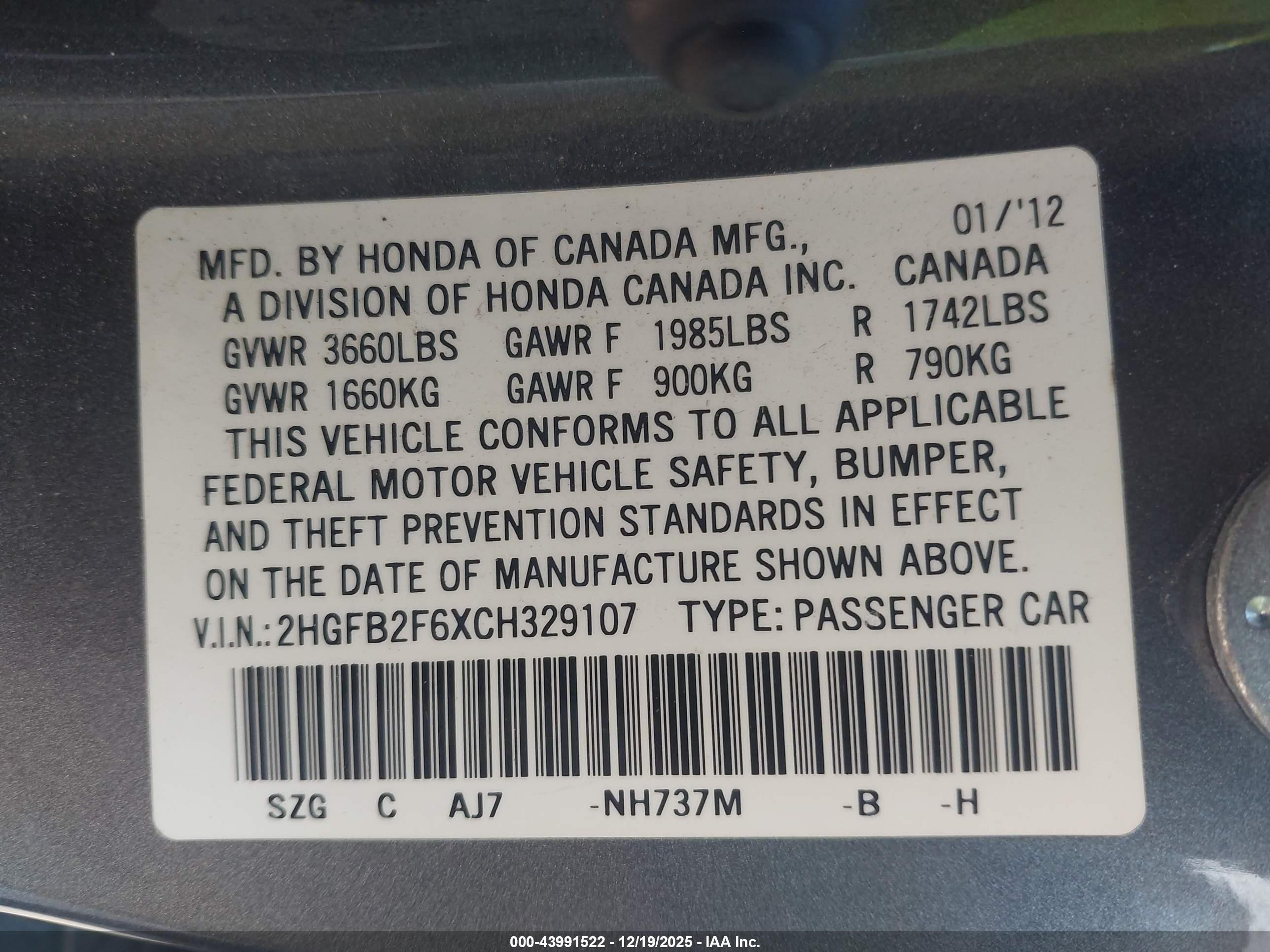 2012 Honda Civic Hf Gray vin: 2HGFB2F6XCH329107
