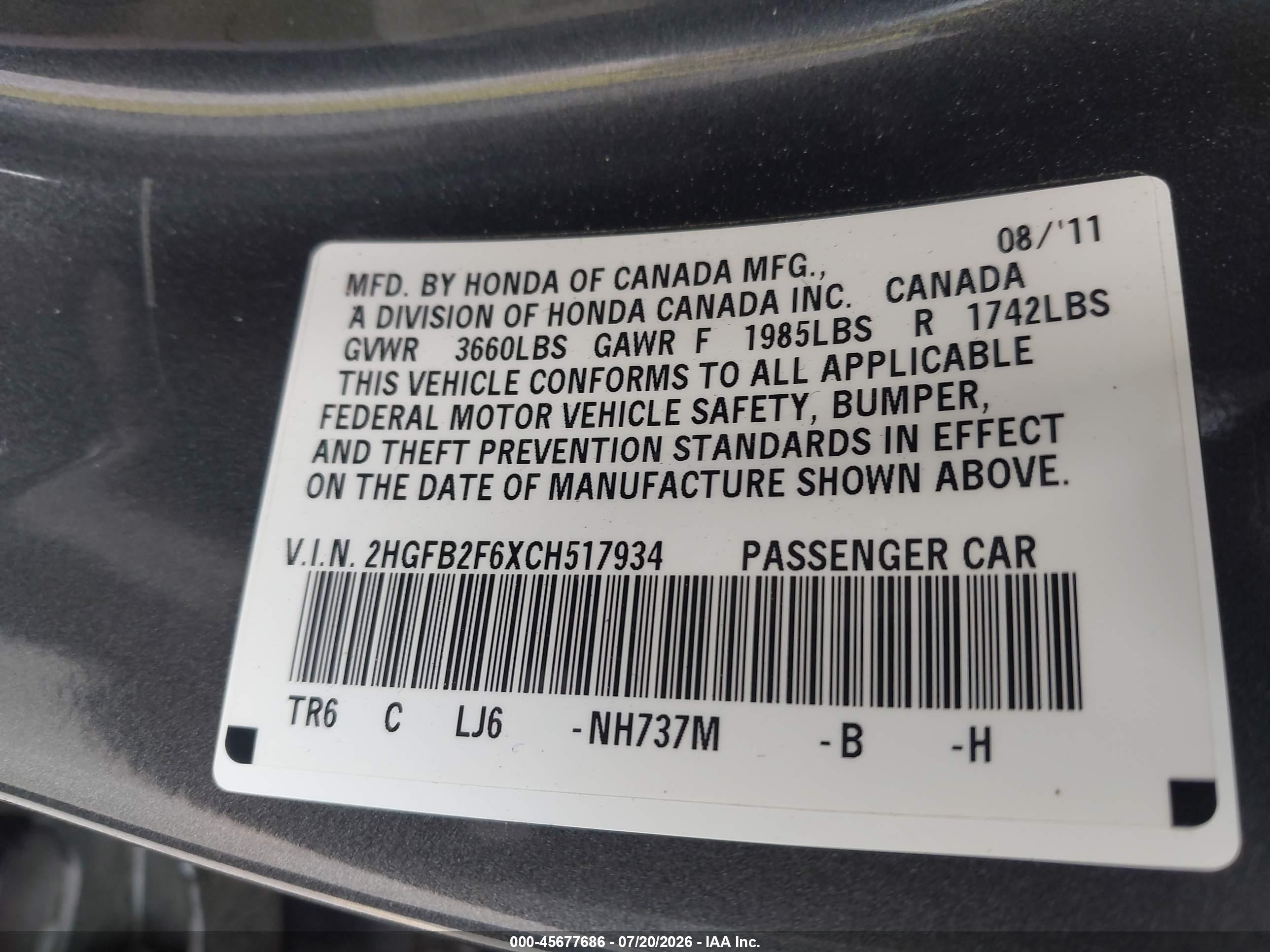 2012 Honda Civic Hf Gray vin: 2HGFB2F6XCH517934