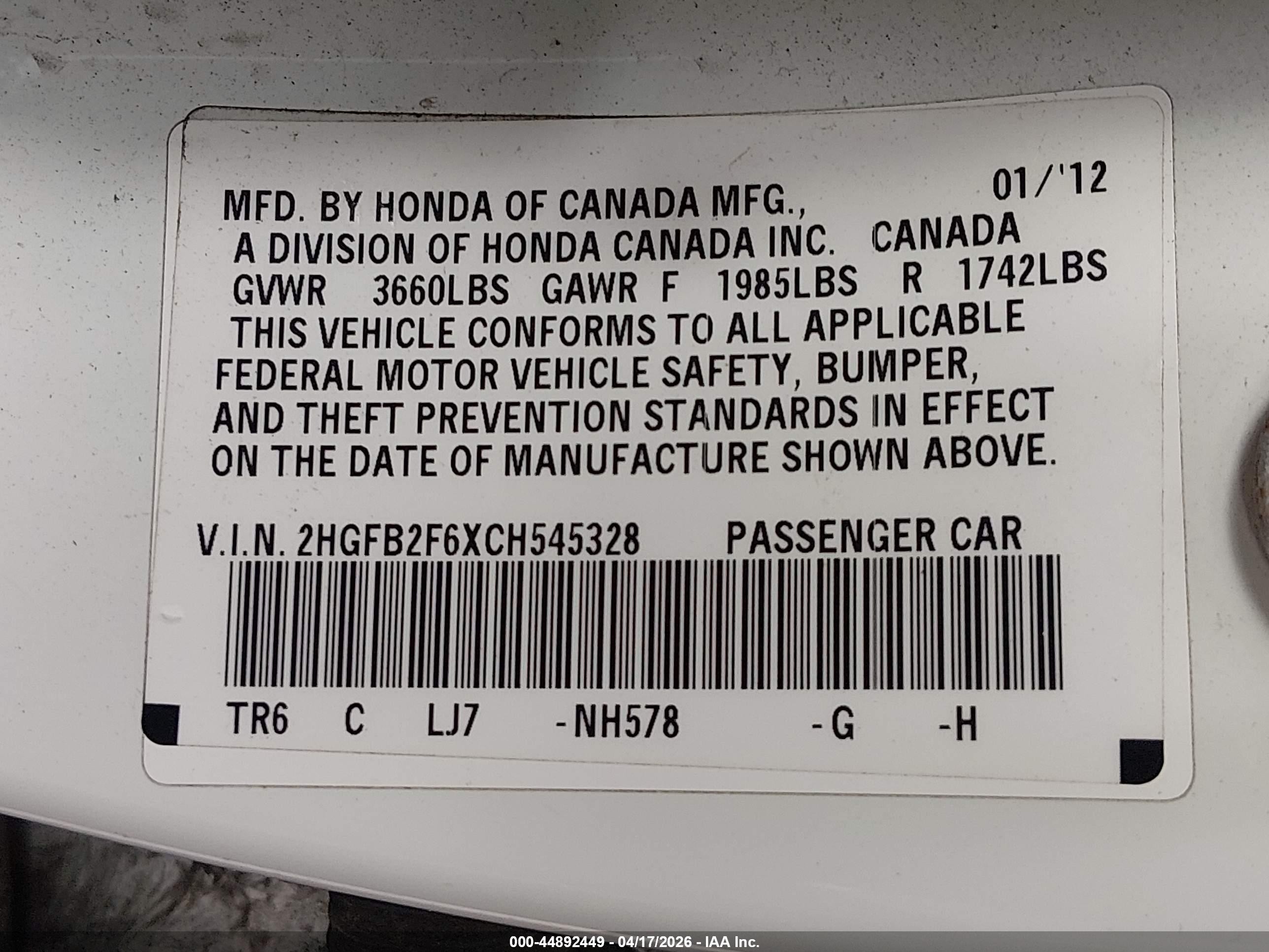 2012 Honda Civic Hf White vin: 2HGFB2F6XCH545328