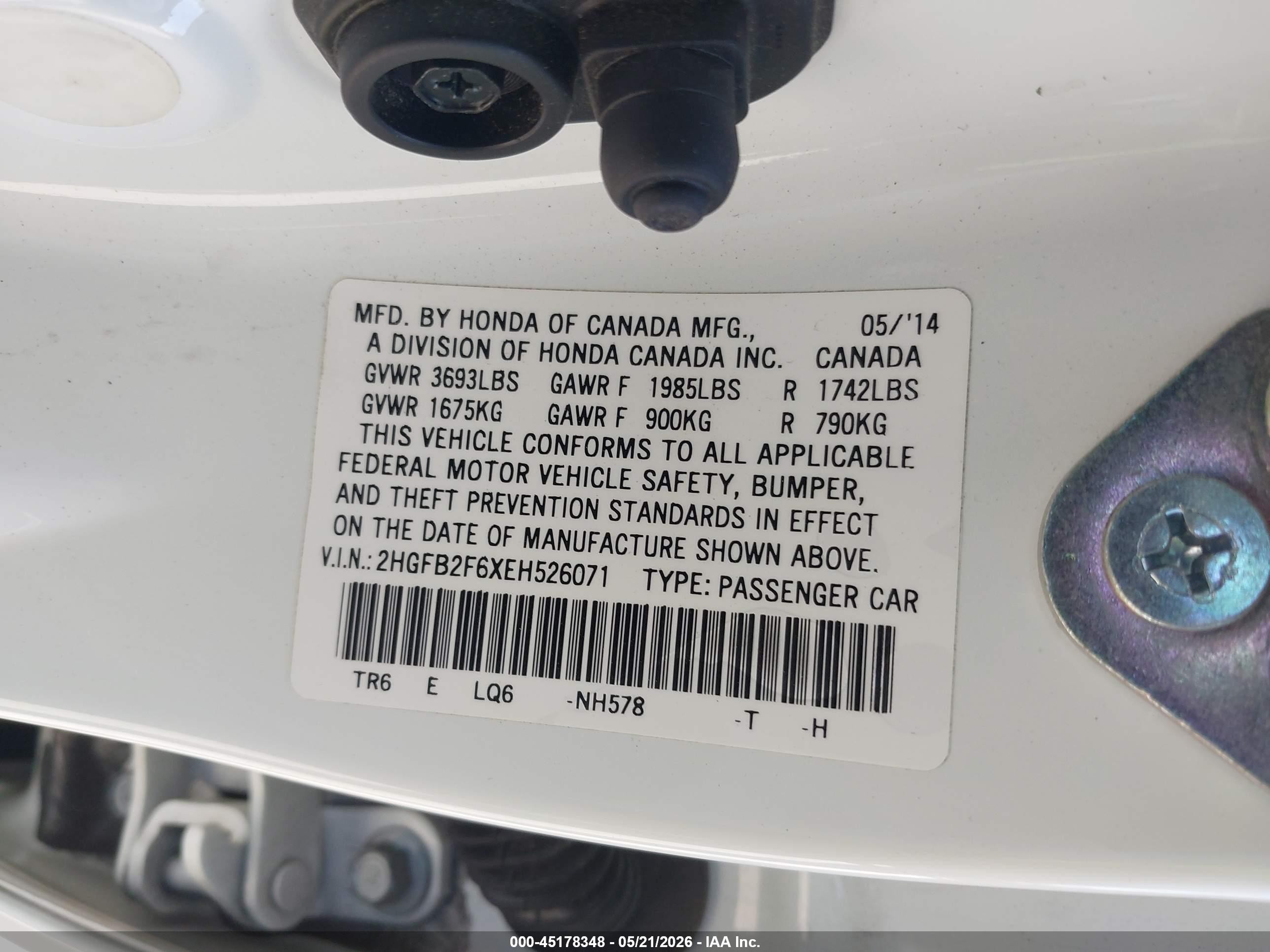 2014 Honda Civic Hf White vin: 2HGFB2F6XEH526071