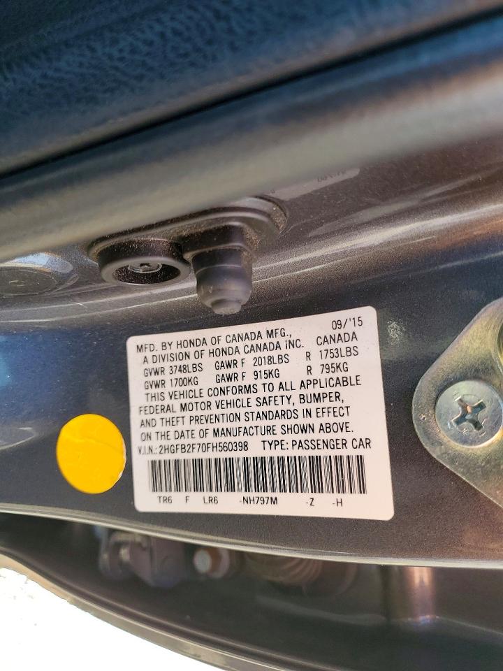 2015 Honda Civic Se Угольный vin: 2HGFB2F70FH560398