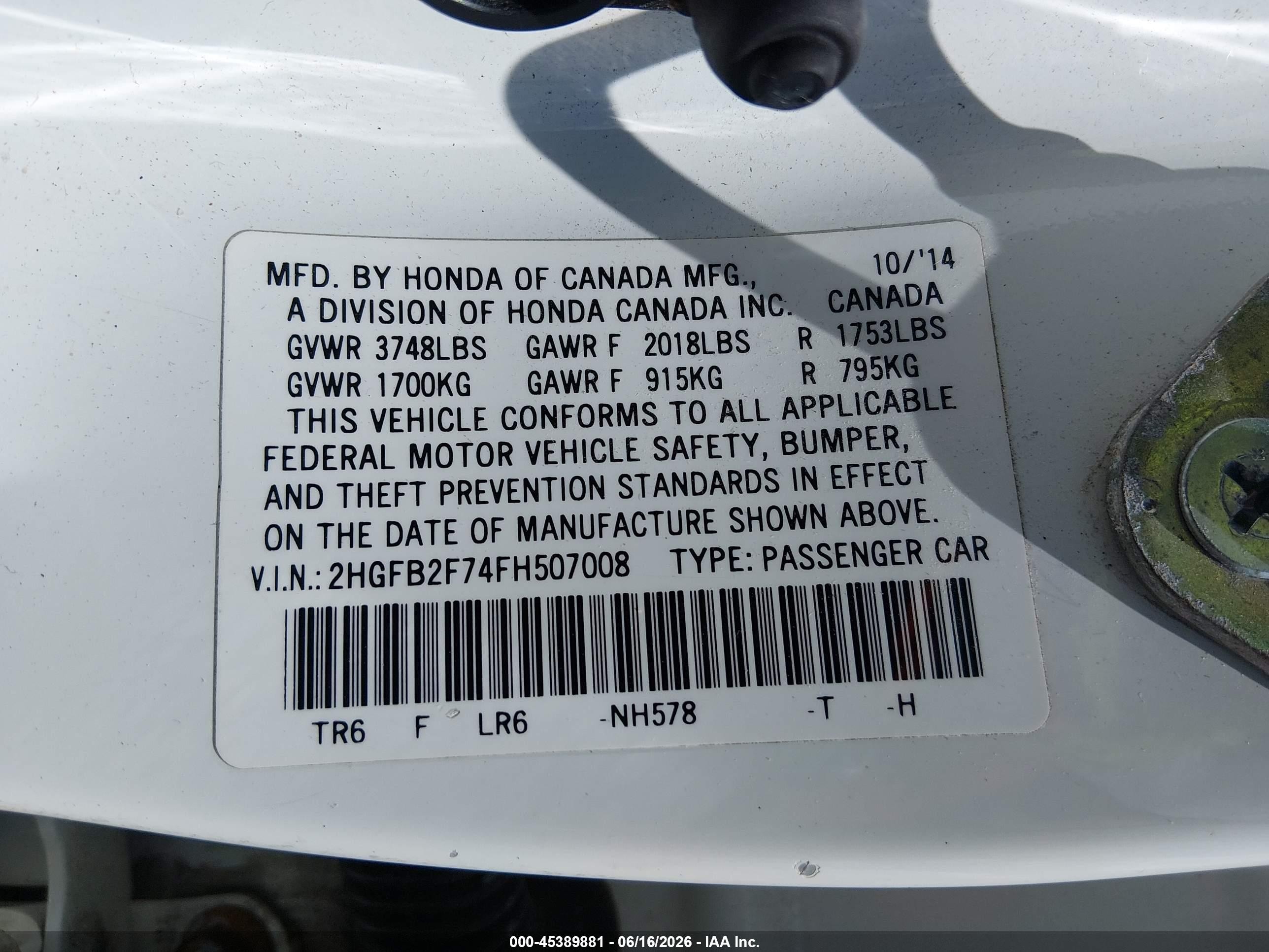 2015 Honda Civic Se White vin: 2HGFB2F74FH507008