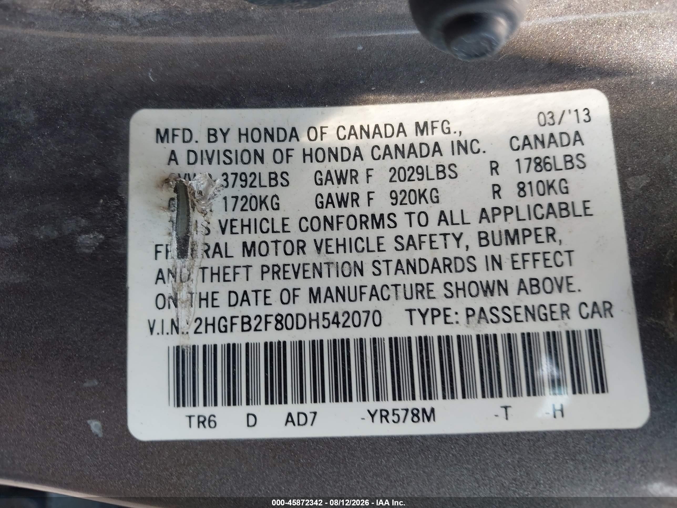 2013 Honda Civic Ex Gray vin: 2HGFB2F80DH542070