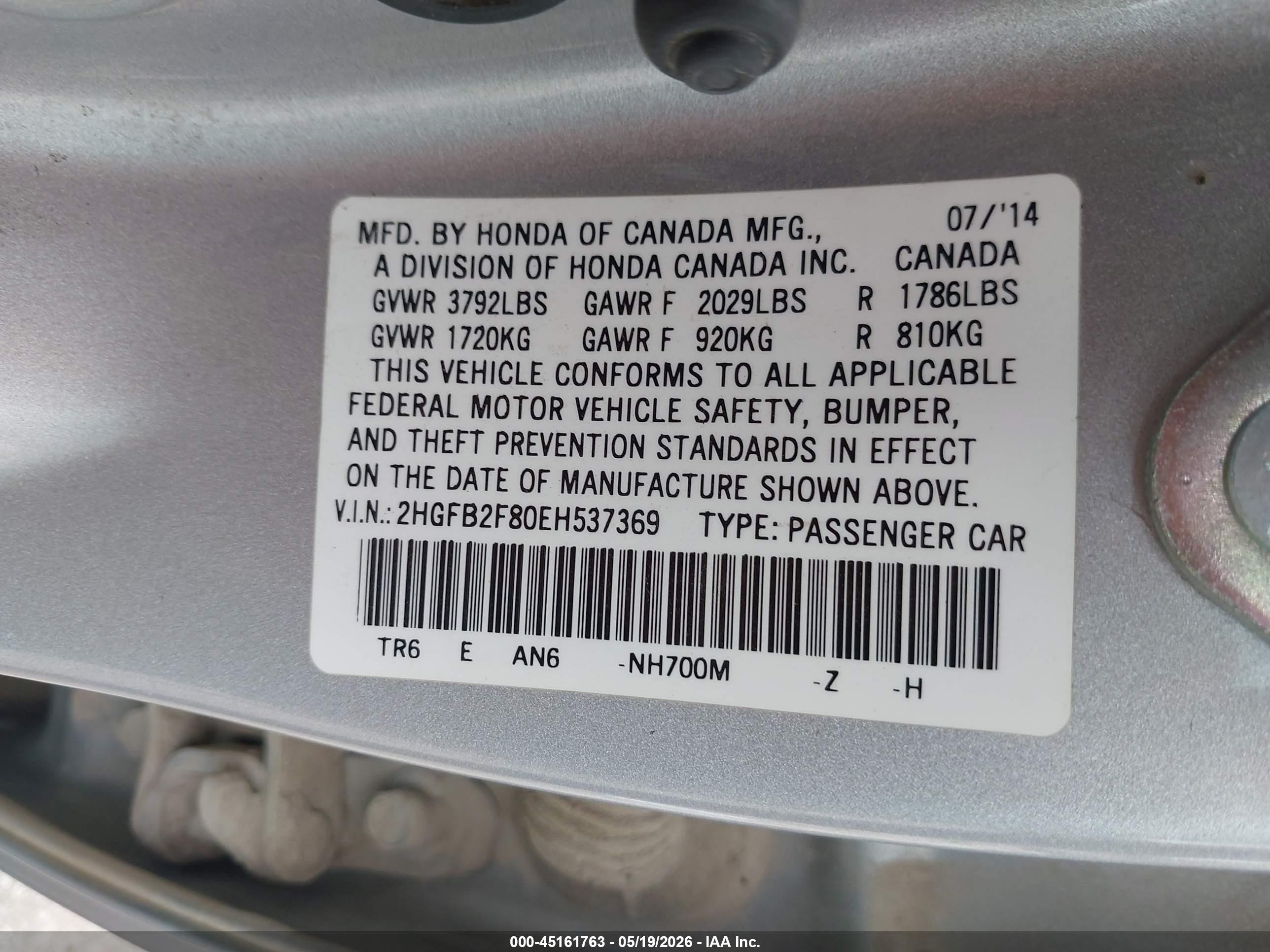 2014 Honda Civic Ex Silver vin: 2HGFB2F80EH537369