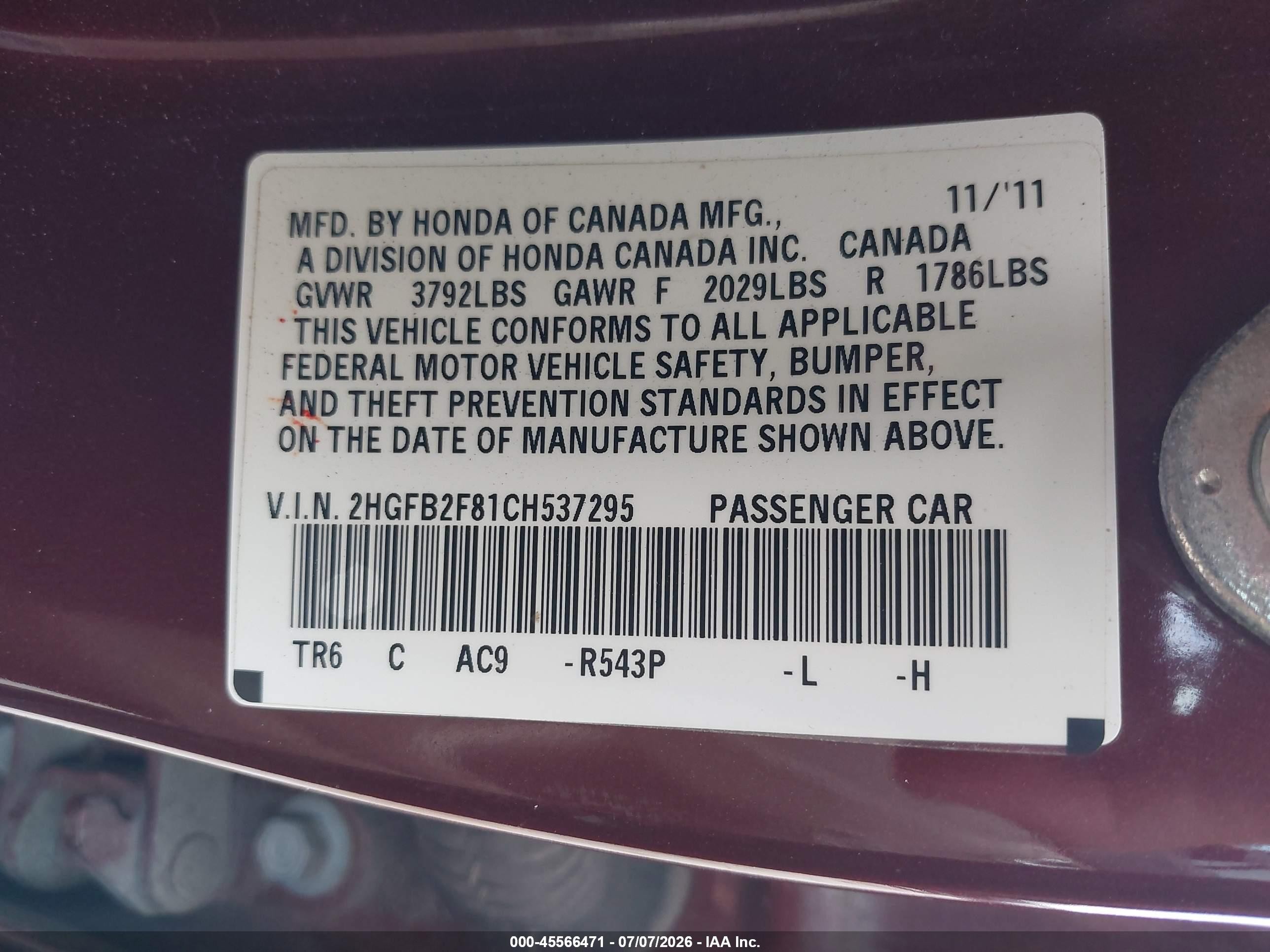 2012 Honda Civic Ex Burgundy vin: 2HGFB2F81CH537295