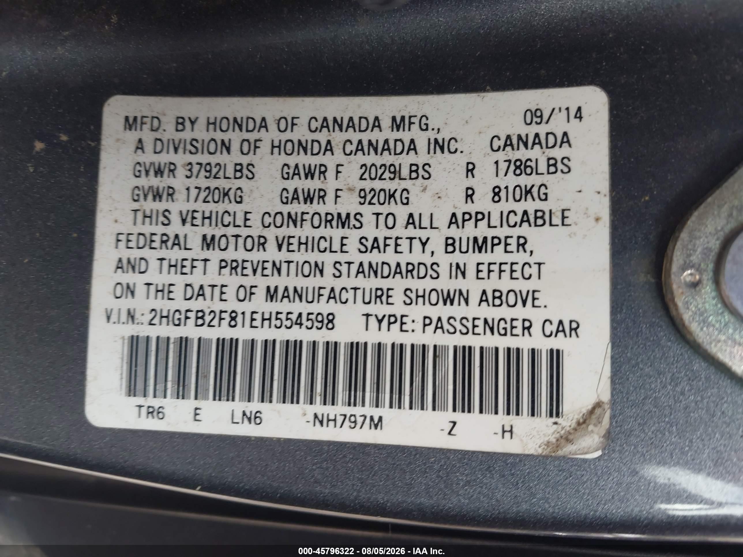 2014 Honda Civic Ex Gray vin: 2HGFB2F81EH554598