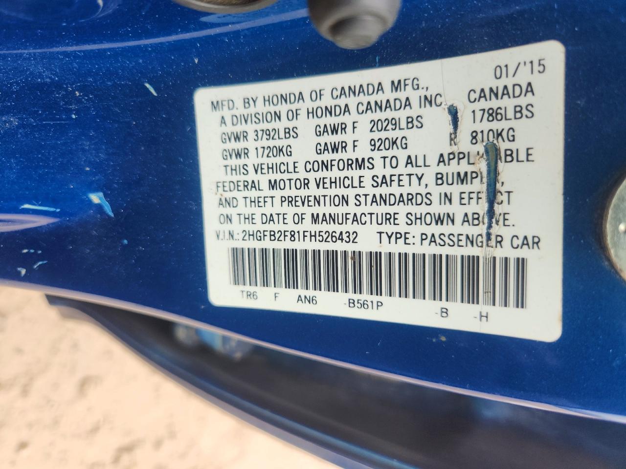 2015 Honda Civic Ex Blue vin: 2HGFB2F81FH526432