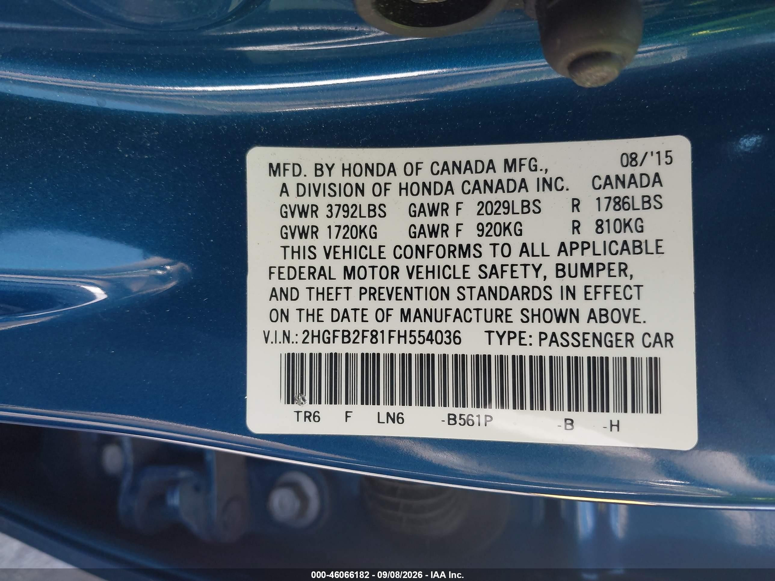 2015 Honda Civic Ex Blue vin: 2HGFB2F81FH554036