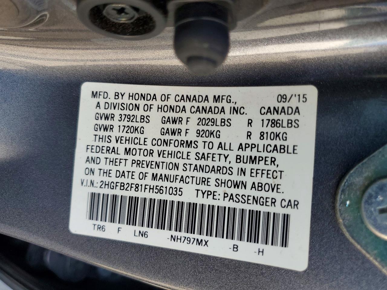 2015 Honda Civic Ex Gray vin: 2HGFB2F81FH561035