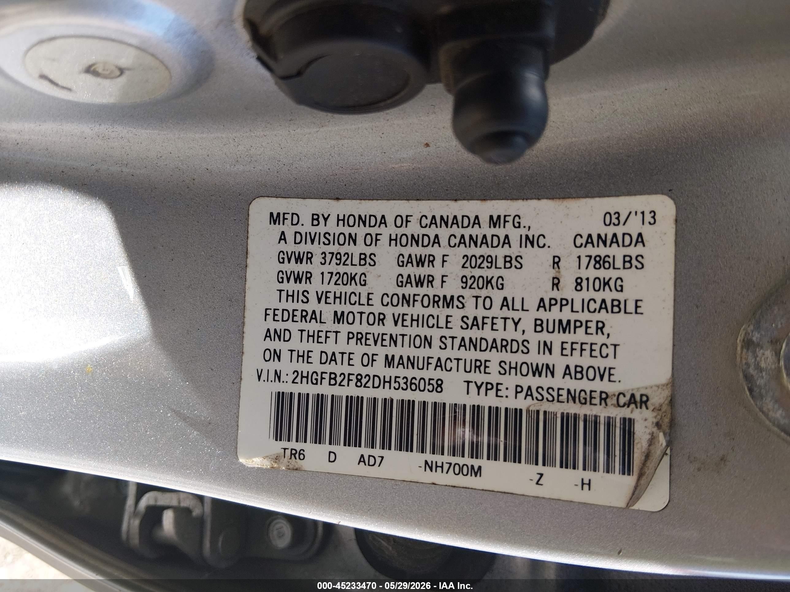 2013 Honda Civic Ex Silver vin: 2HGFB2F82DH536058