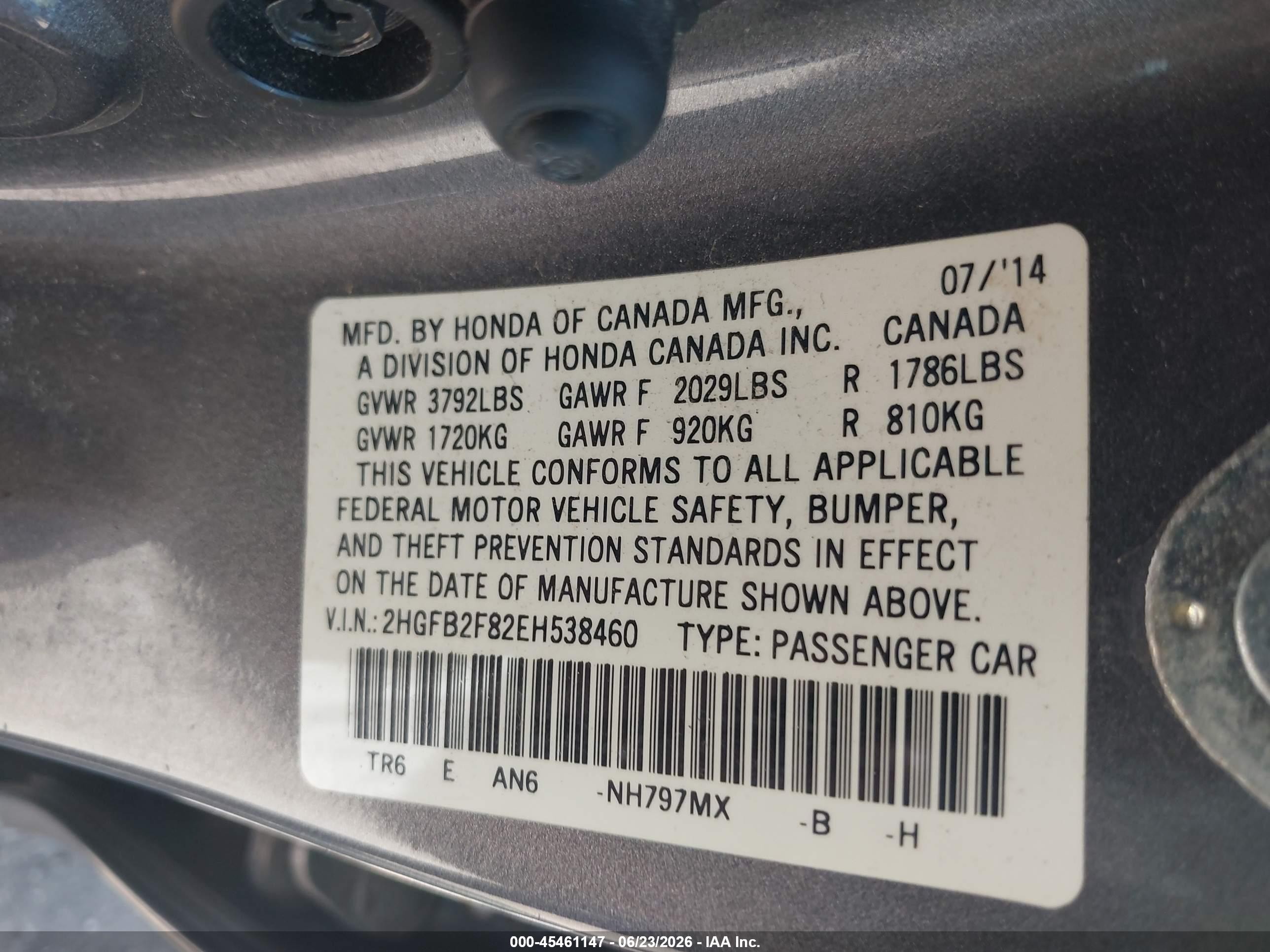 2014 Honda Civic Ex Gray vin: 2HGFB2F82EH538460