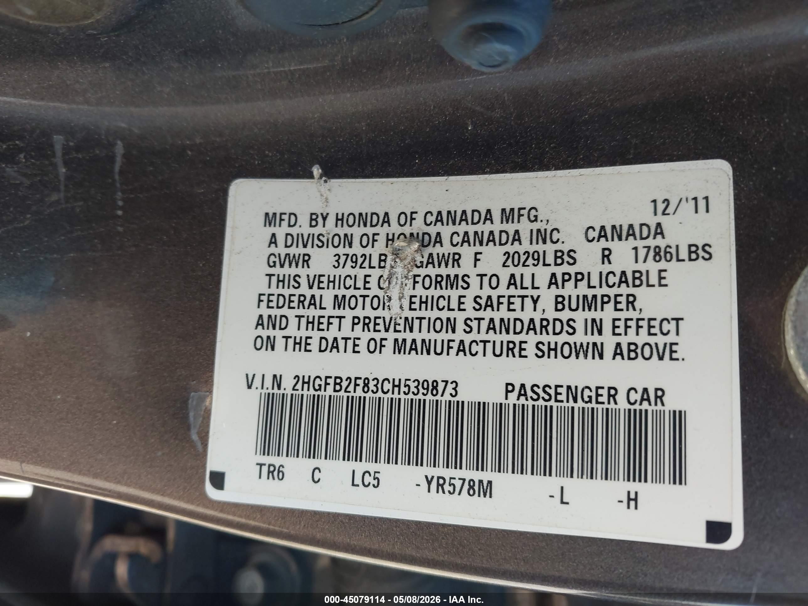 2012 Honda Civic Ex Gray vin: 2HGFB2F83CH539873
