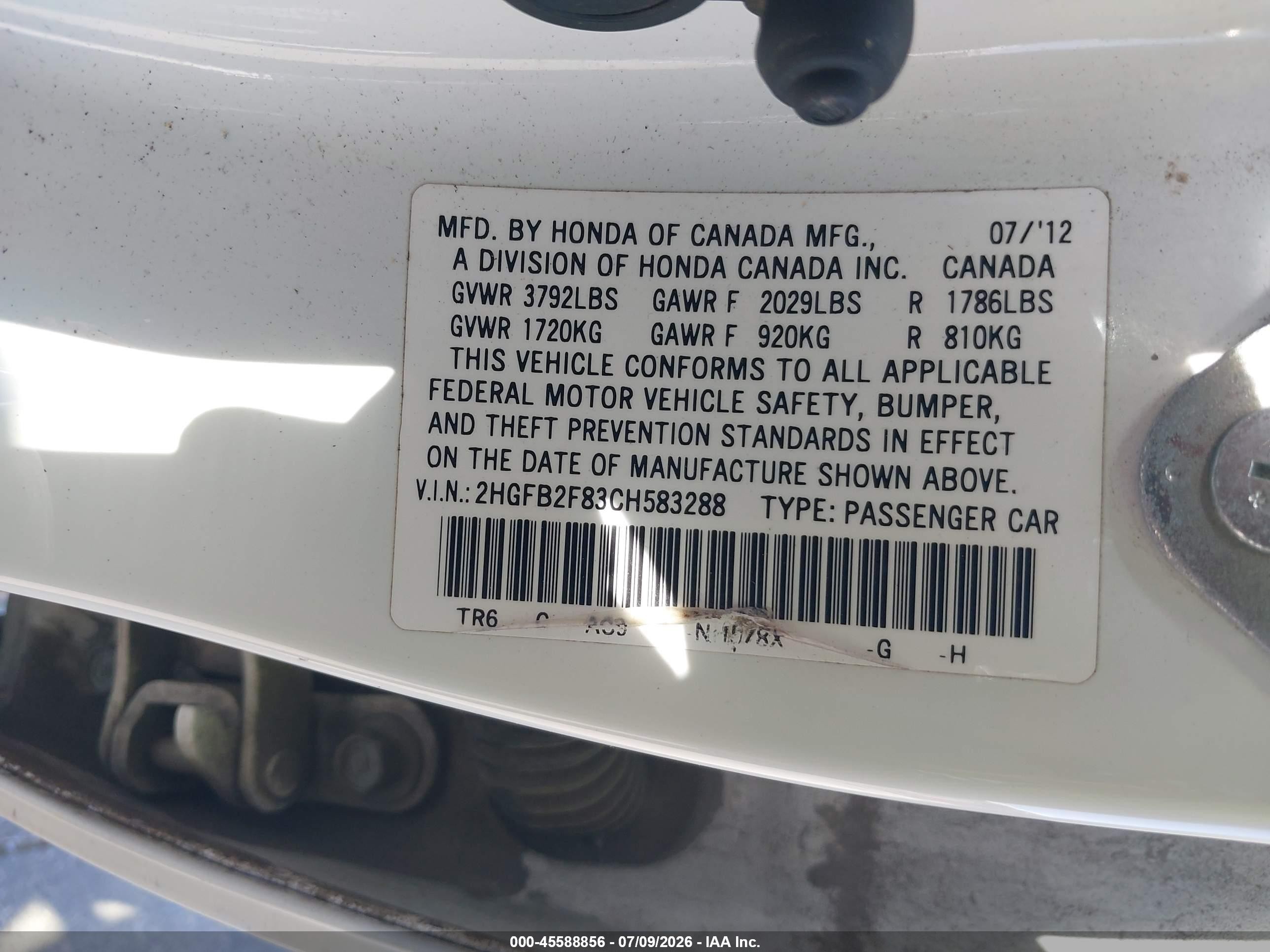 2012 Honda Civic Ex White vin: 2HGFB2F83CH583288