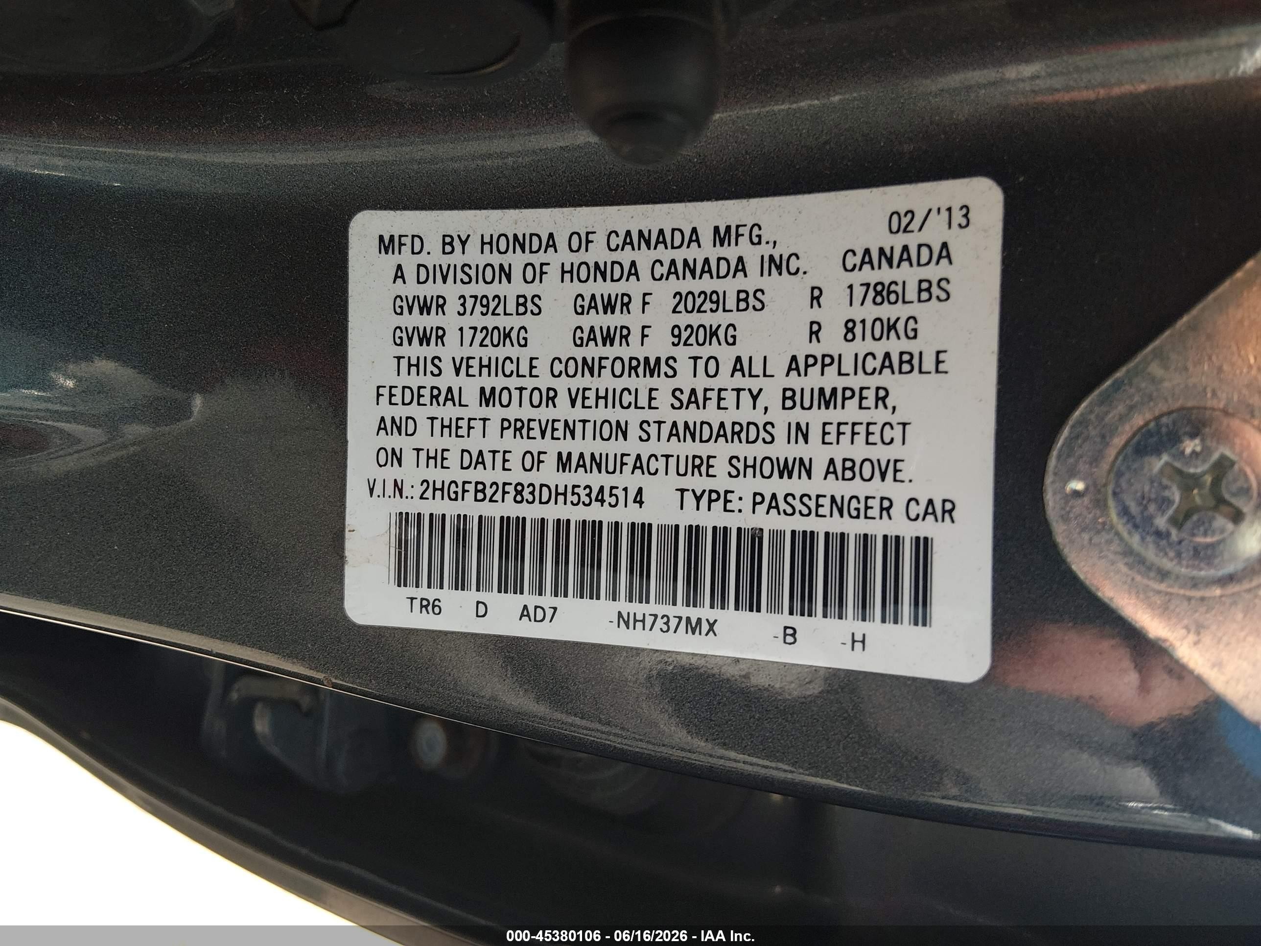 2013 Honda Civic Ex Gray vin: 2HGFB2F83DH534514
