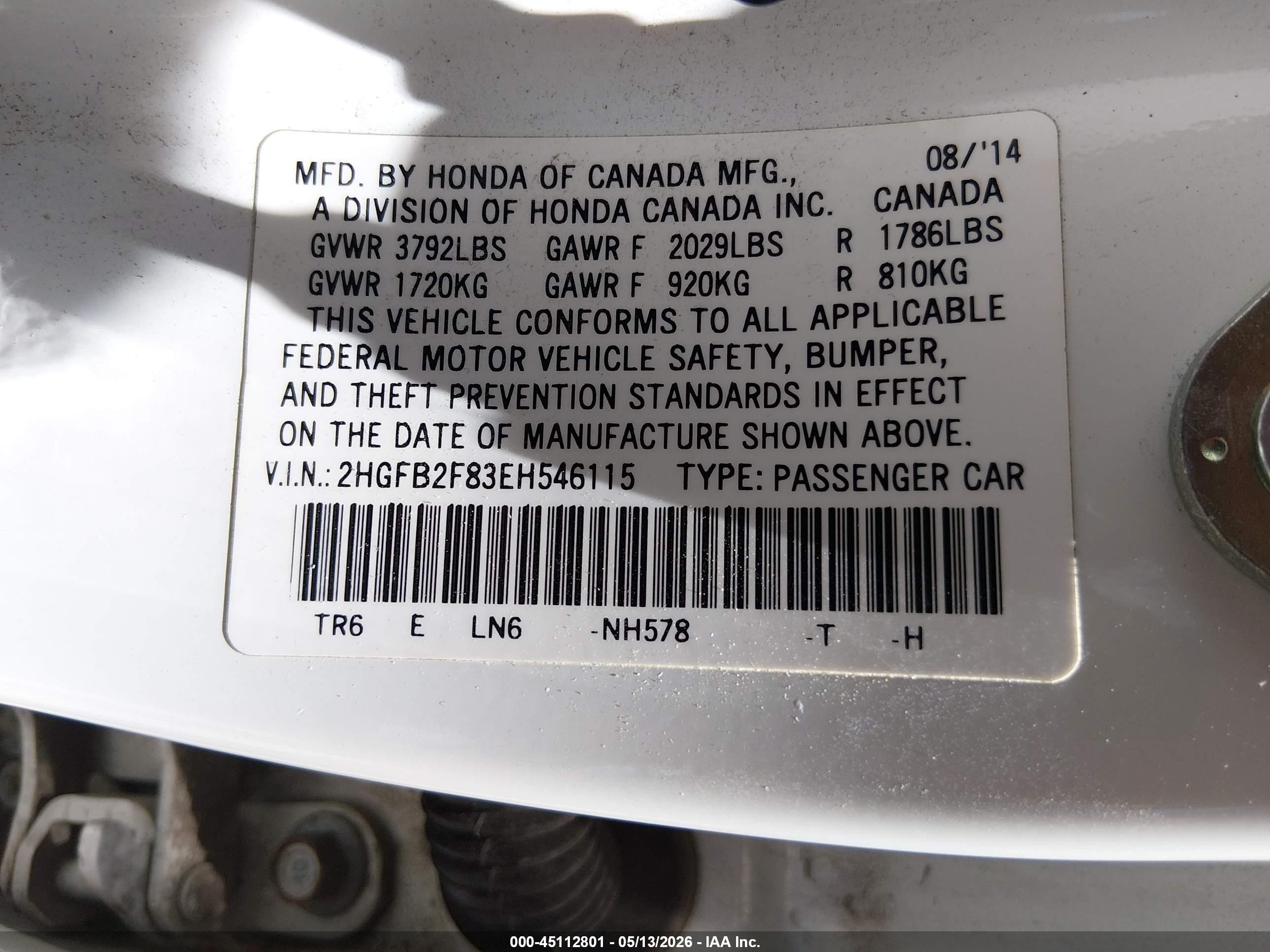 2014 Honda Civic Ex White vin: 2HGFB2F83EH546115